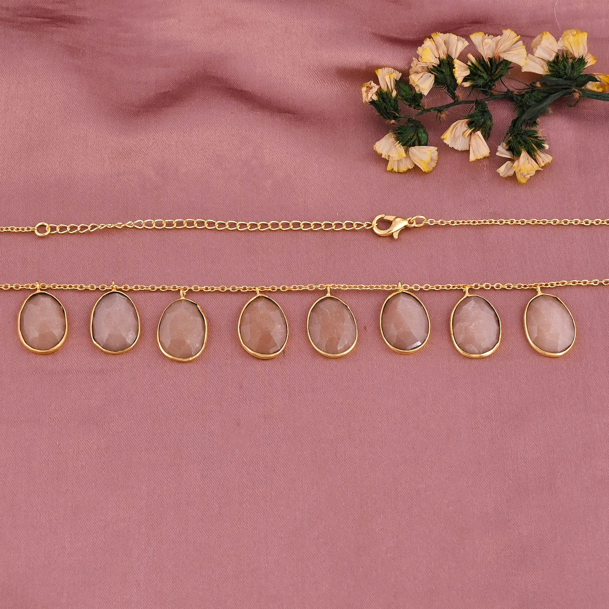 Natural Peach Moonstone Stylish Drop Earrings Gold Plated Brass