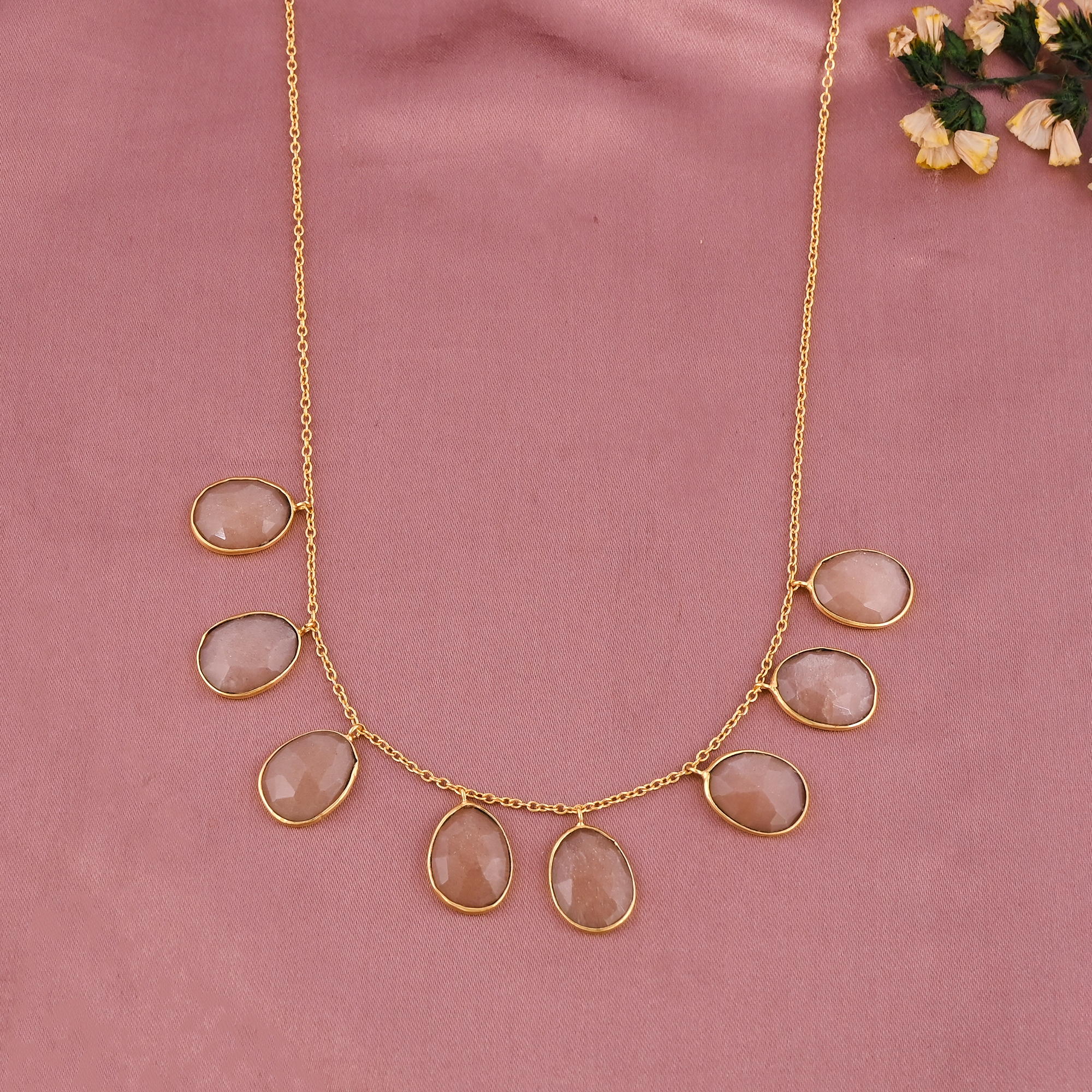 Natural Peach Moonstone Stylish Drop Earrings  Gold Plated Brass