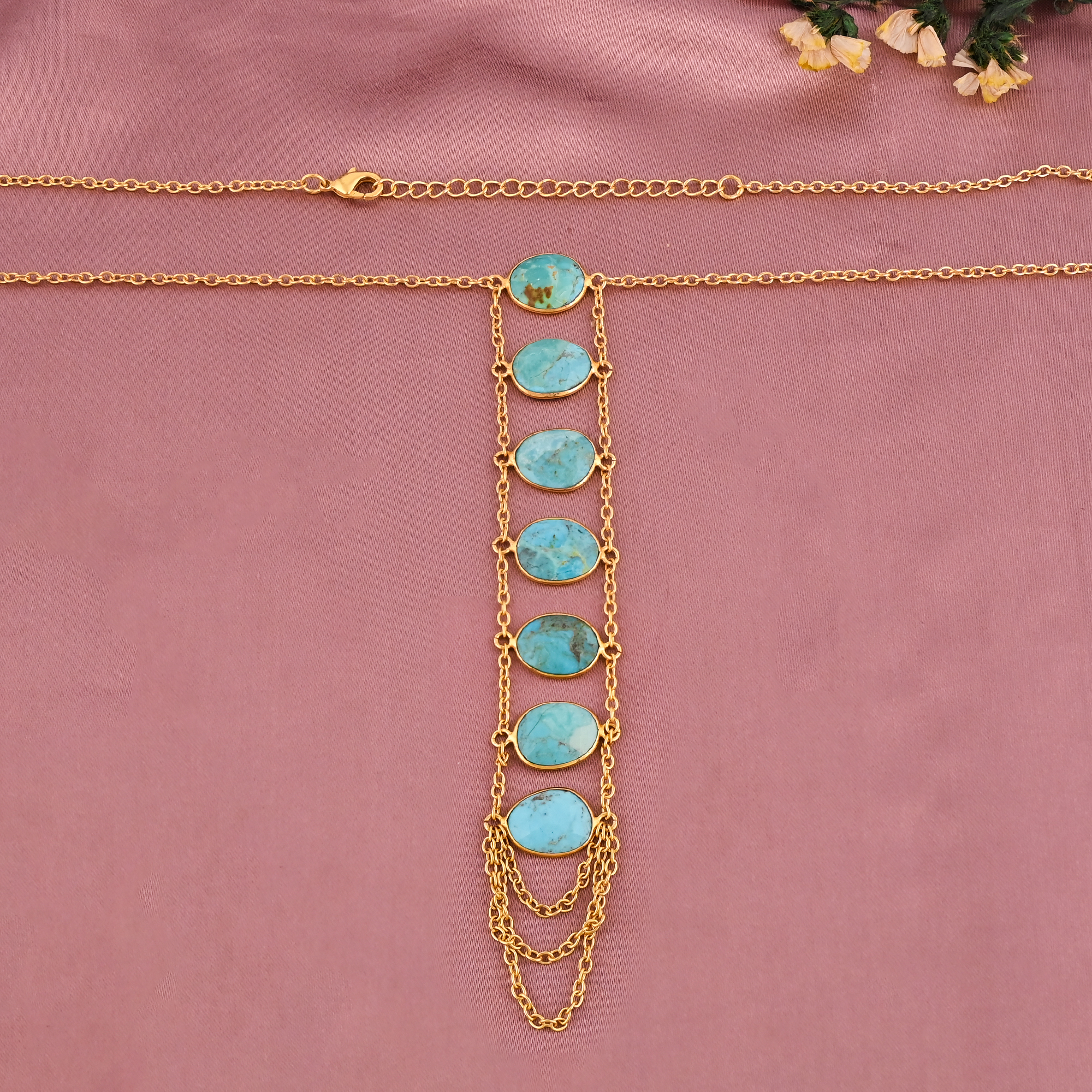 Natural American Turquoise Layered Y-Necklace Gold Plated 925 Sterling Silver