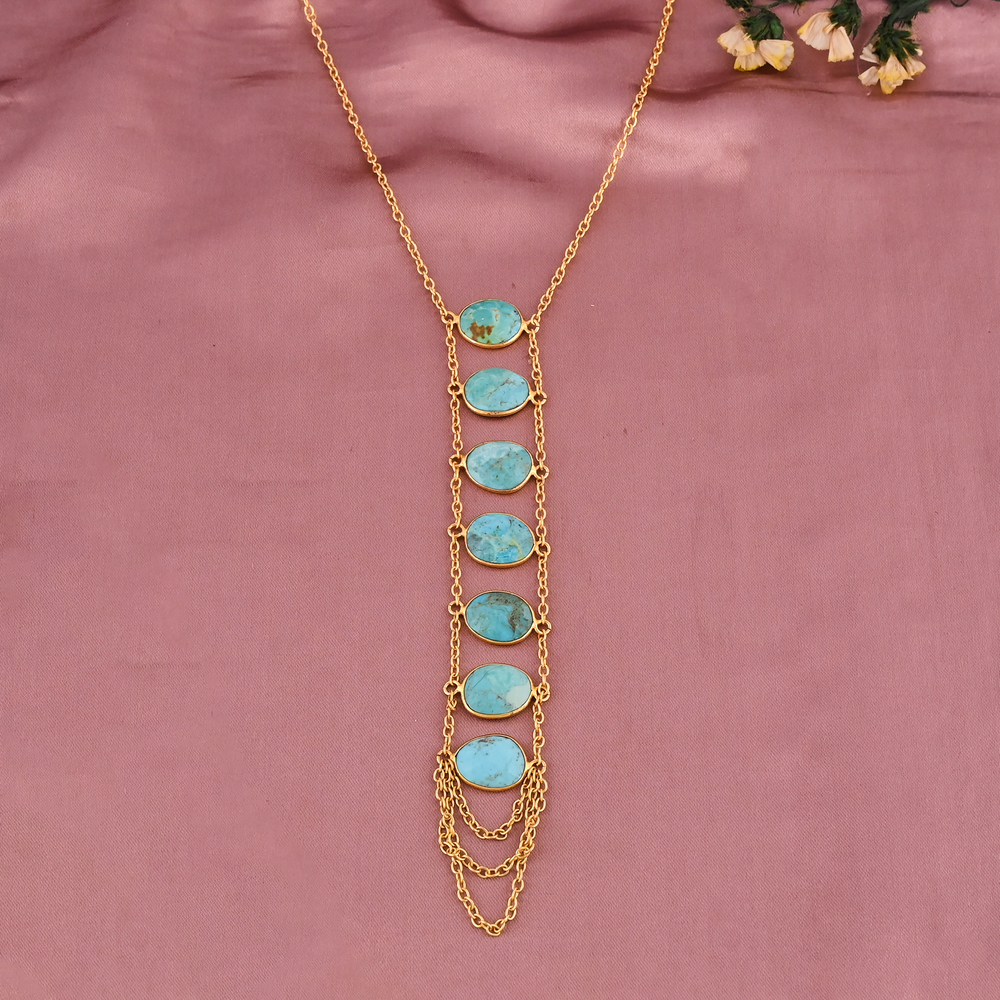 Natural American Turquoise Layered Y-Necklace  Gold Plated 925 Sterling Silver