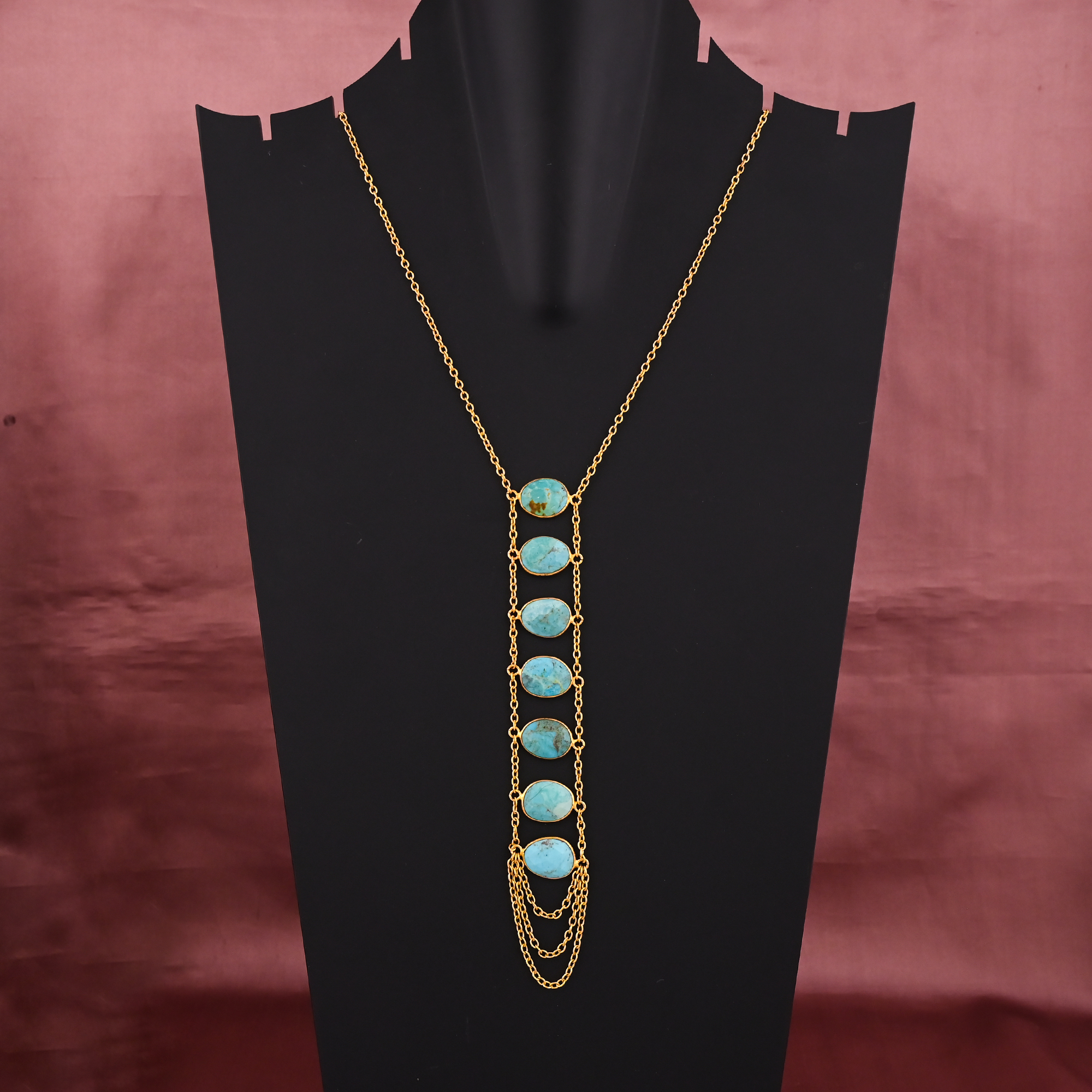 Natural American Turquoise Layered Y-Necklace  Gold Plated 925 Sterling Silver