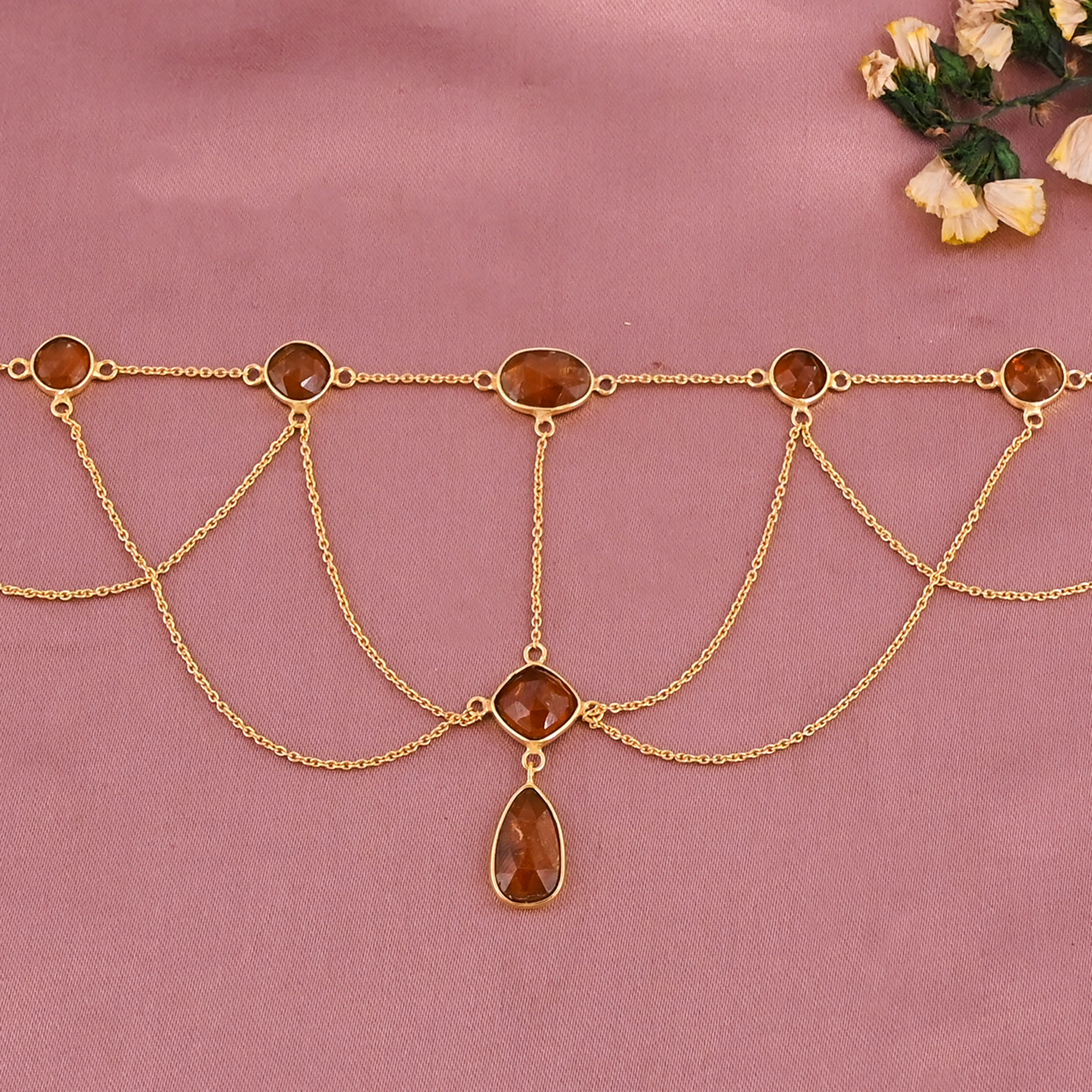 Natural Orange Kyanite Gemstone 925 Sterling Silver Gold Plated Multi Layered Cable Chain Womens Bib Style Necklace