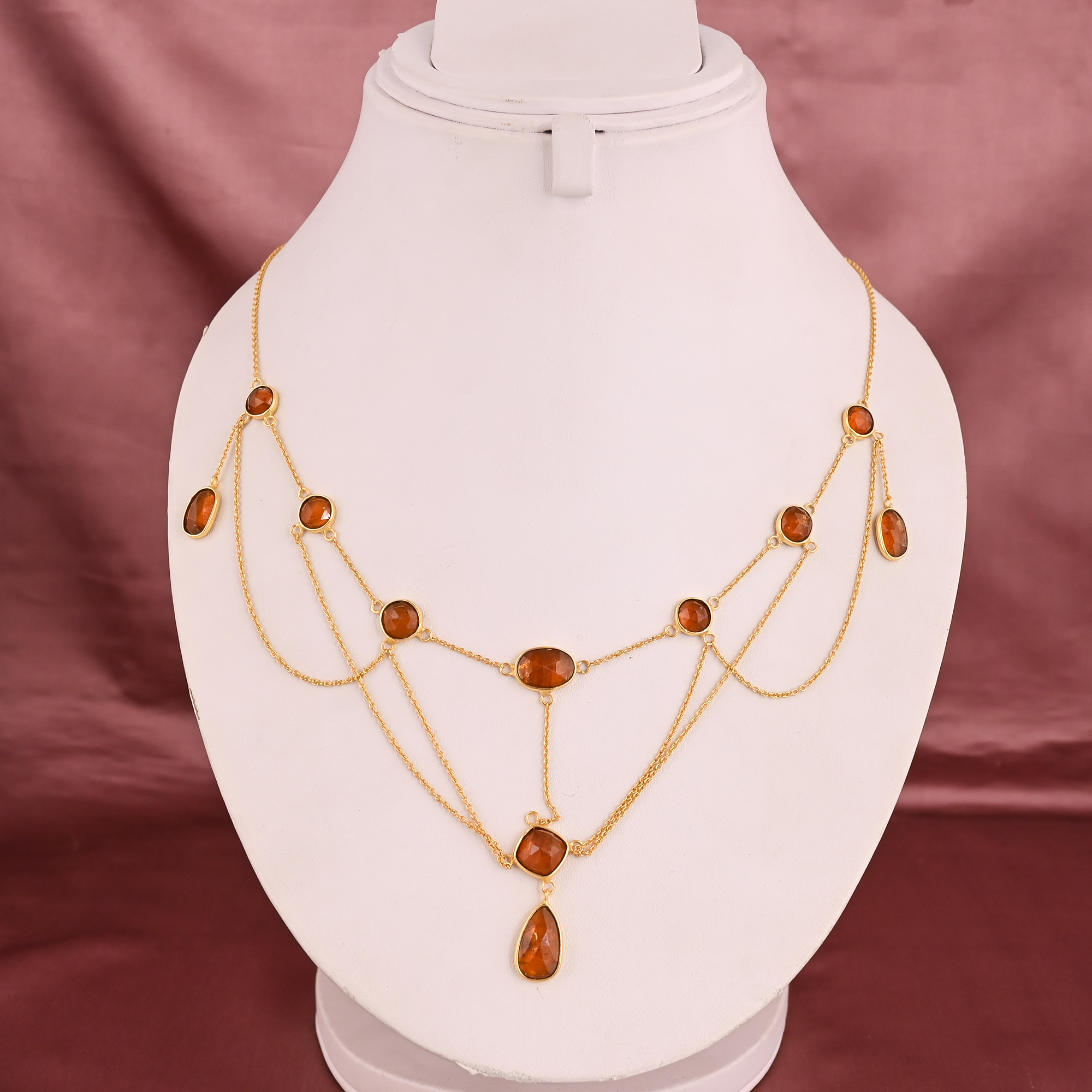 Natural Orange Kyanite Gemstone 925 Sterling Silver Gold Plated Multi Layered Cable Chain Womens Bib Style Necklace
