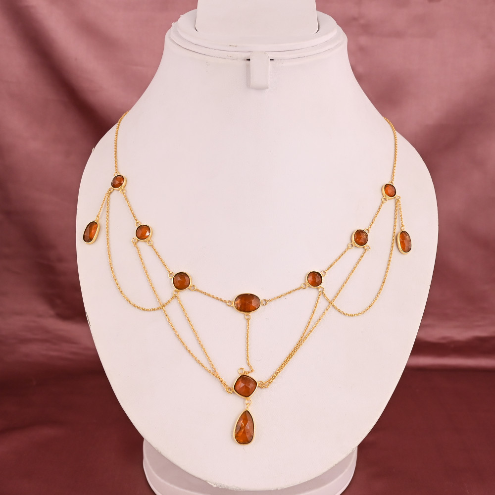Image of Natural Orange Kyanite Gemstone 925 Sterling Silver Gold Plated Multi Layered Cable Chain Women's Bib Style Necklace