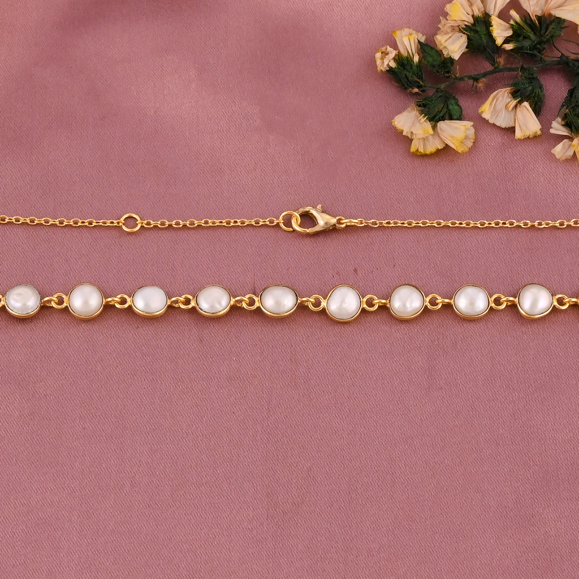 Natural Fresh Water Pearl Gemstone Chain Necklace Gold Plated Brass