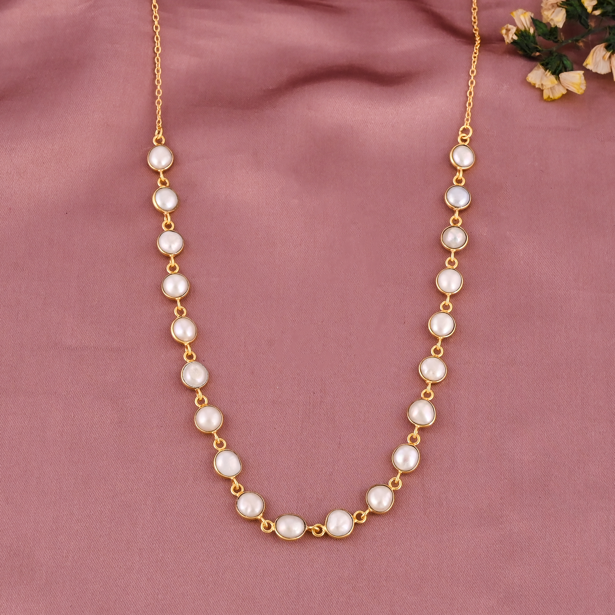 Natural Fresh Water Pearl Gemstone Chain Necklace Gold Plated Brass