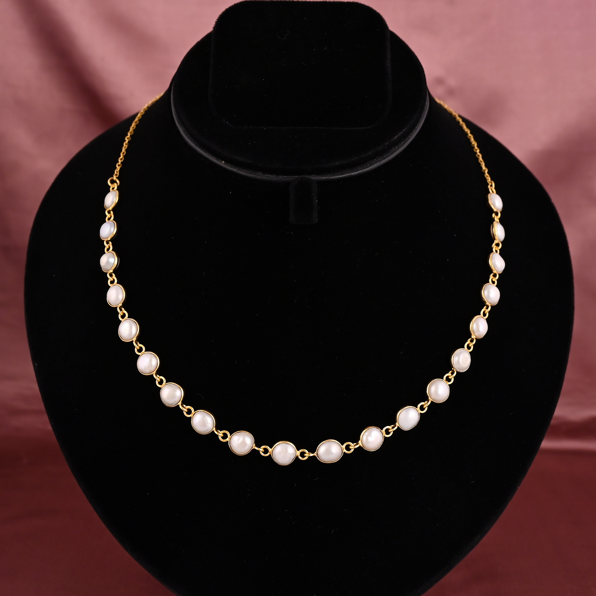 Natural Fresh Water Pearl Gemstone Chain Necklace  Gold Plated Brass