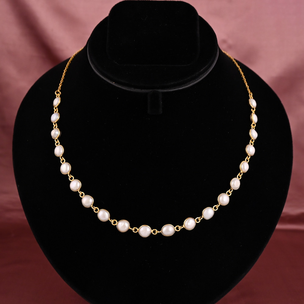 Image of Natural Fresh Water Pearl Gemstone Chain Necklace | Gold Plated Brass