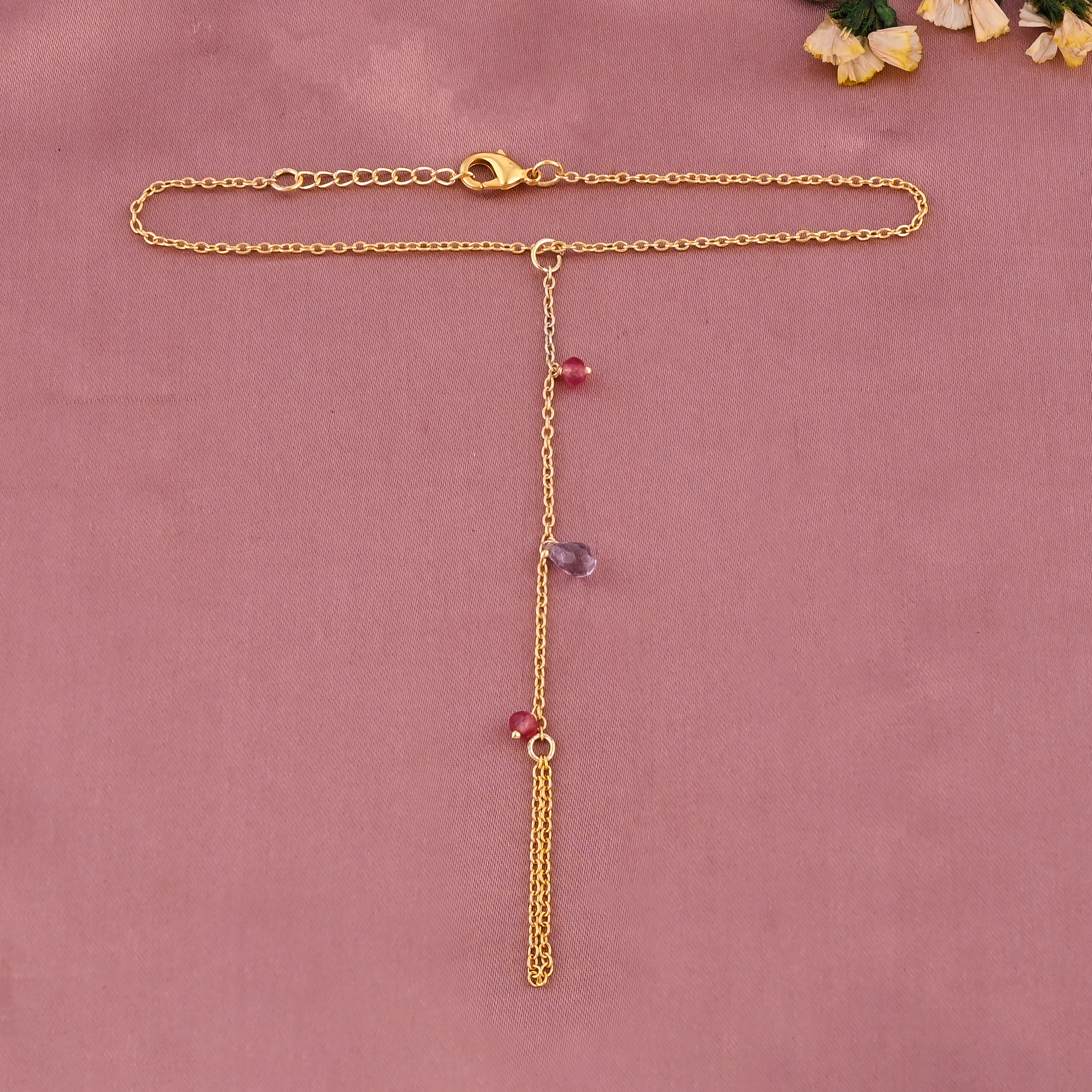 Natural Amethyst  Pink Tourmaline Beaded Link Chain Bracelet  Gold Plated Brass