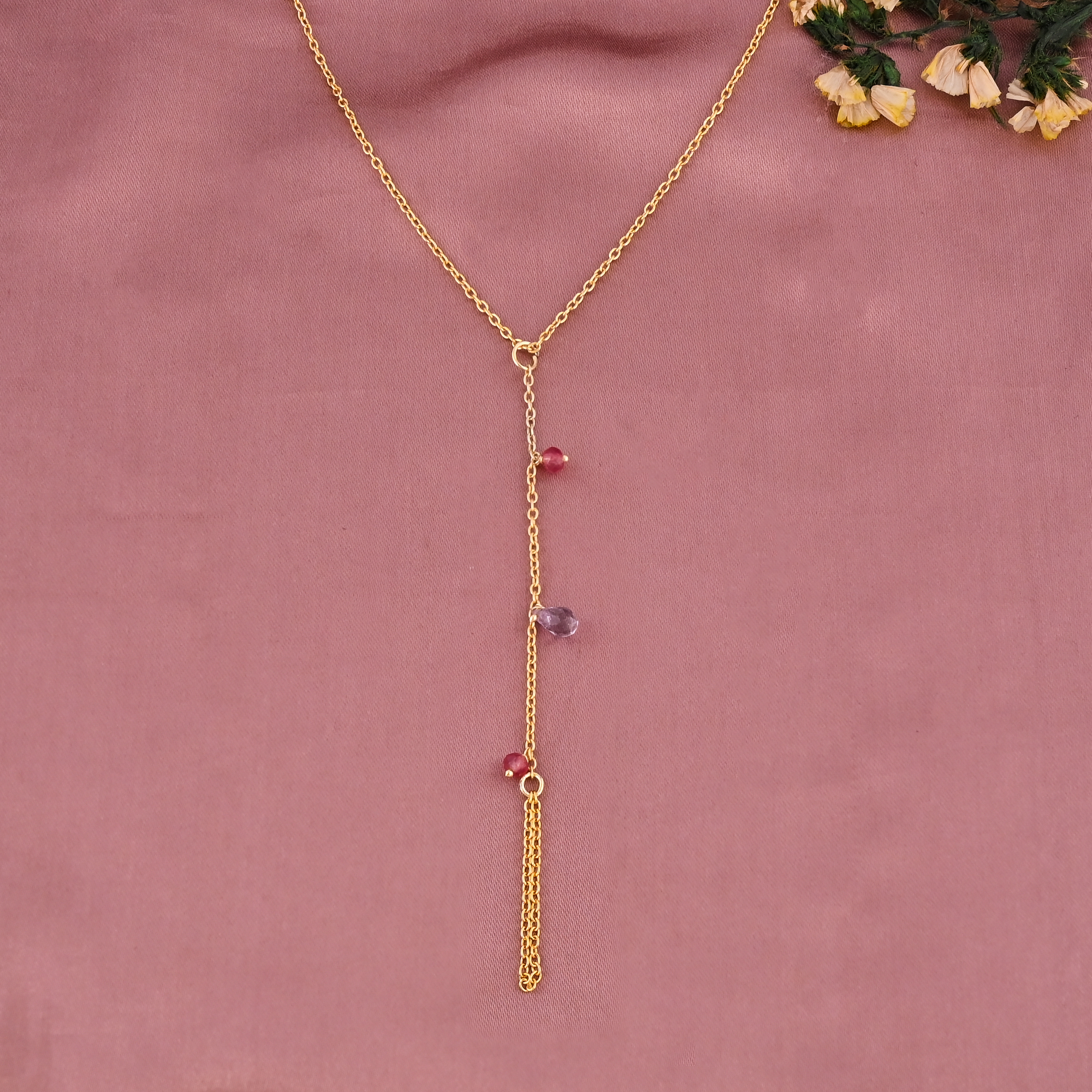 Natural Amethyst Pink Tourmaline Beaded Link Chain Bracelet Gold Plated Brass
