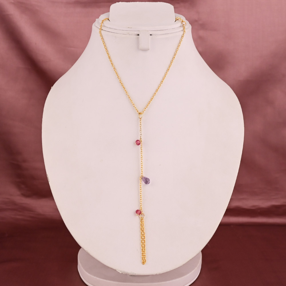 Image of Natural Amethyst &amp; Pink Tourmaline Beaded Link Chain Bracelet | Gold Plated Brass