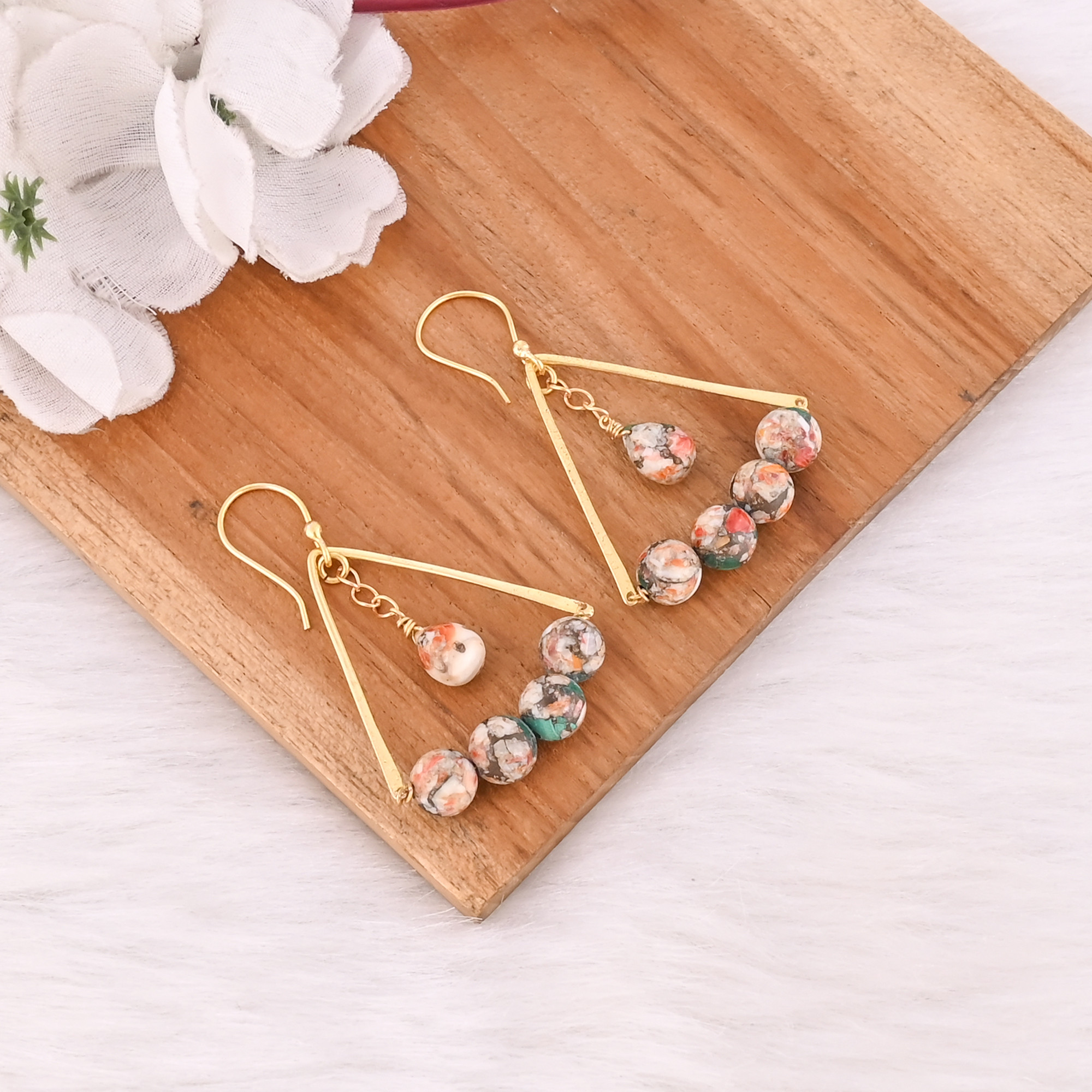 Handmade Yellow Gold-Plated Oyster Copper Turquoise Beads Brass Earring Dainty Earring Boho jewelry