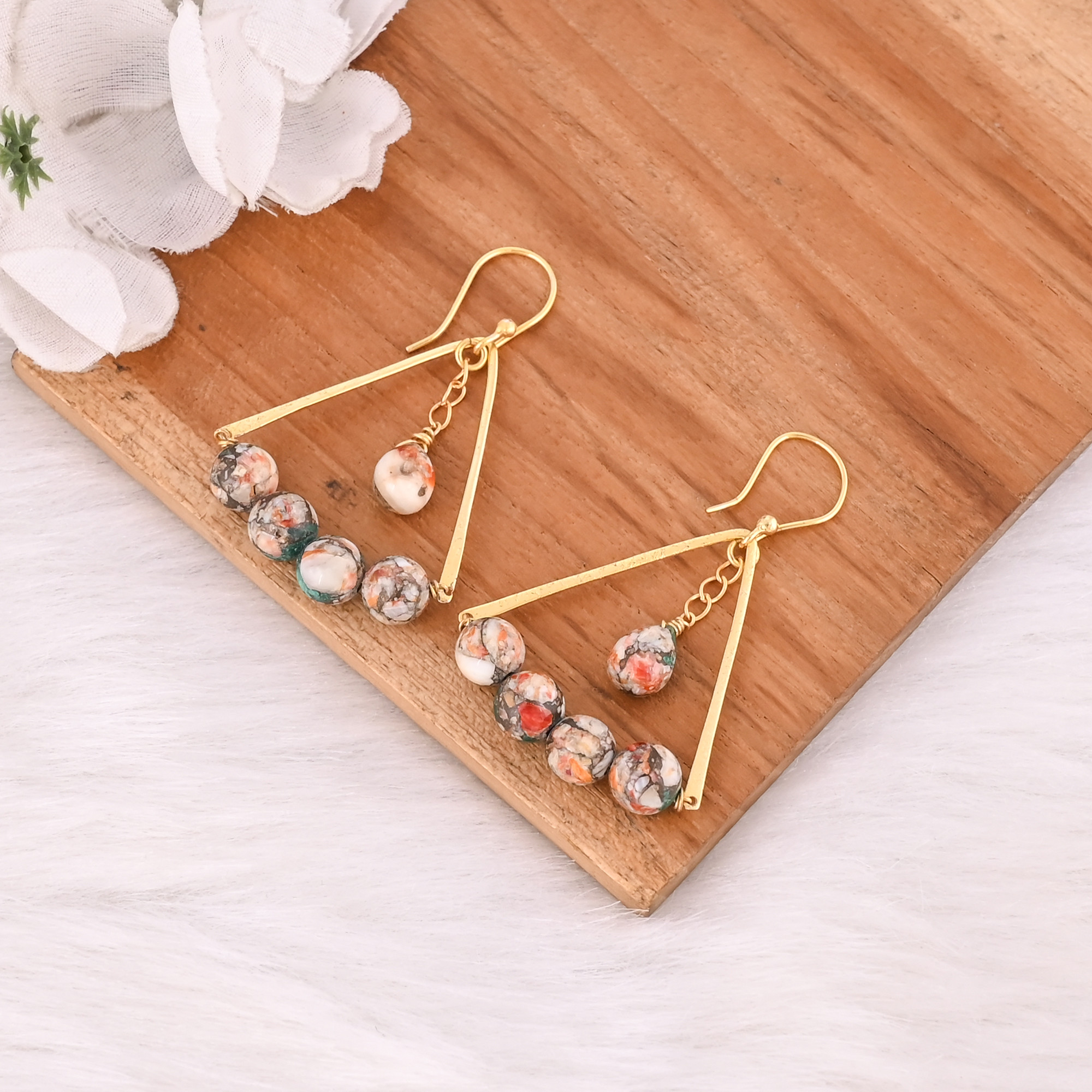 Handmade Yellow Gold-Plated Oyster Copper Turquoise Beads Brass Earring Dainty Earring Boho jewelry