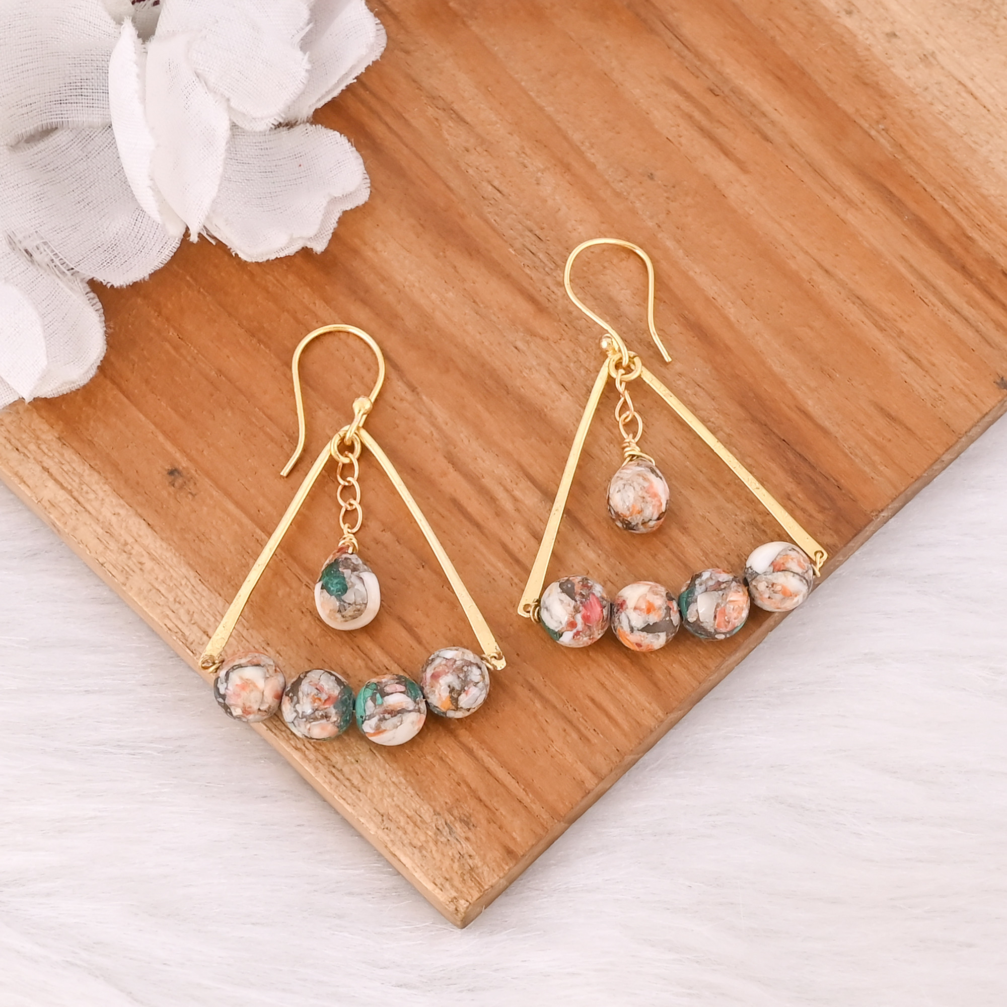 Handmade Yellow Gold-Plated Oyster Copper Turquoise Beads Brass Earring Dainty Earring Boho jewelry