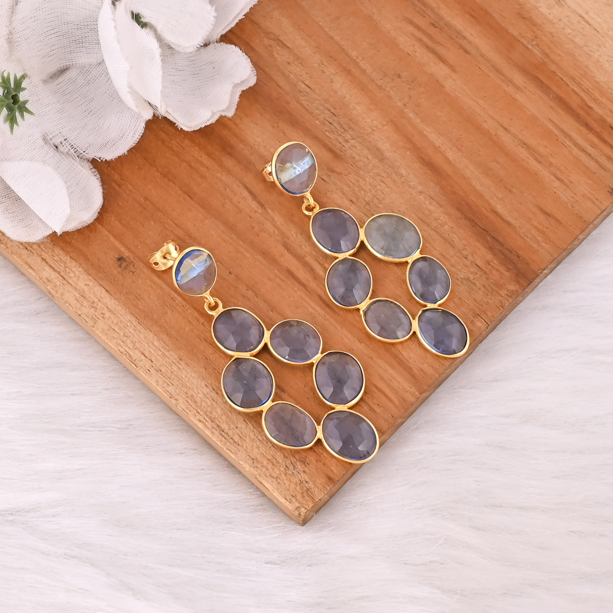 Handmade Yellow Gold-Plated Blue Topaz Hydro Gemstone Earring Long Oval Shape Dangler Jewelry Stylish Trendy Birthday Gifts