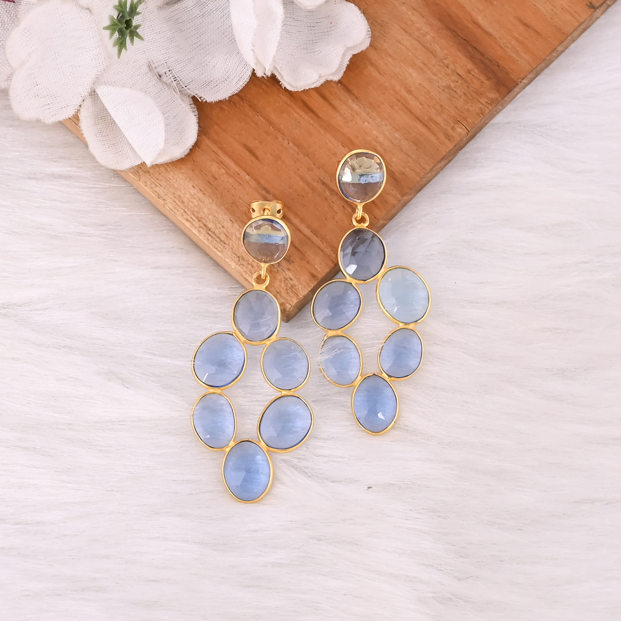 Handmade Yellow Gold-Plated Blue Topaz Hydro Gemstone Earring Long Oval Shape Dangler Jewelry Stylish Trendy Birthday Gifts
