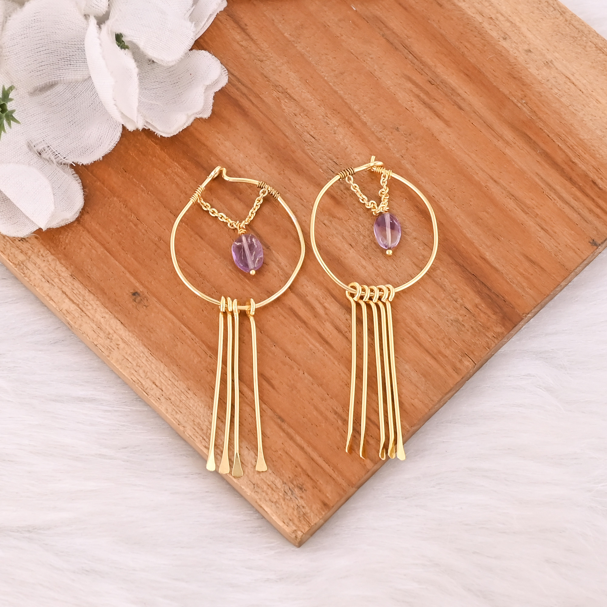 Yellow Gold Plated Brass Handmade Designer Long Dangle Women Hoops Earring Gift For Her Statement Jewelry