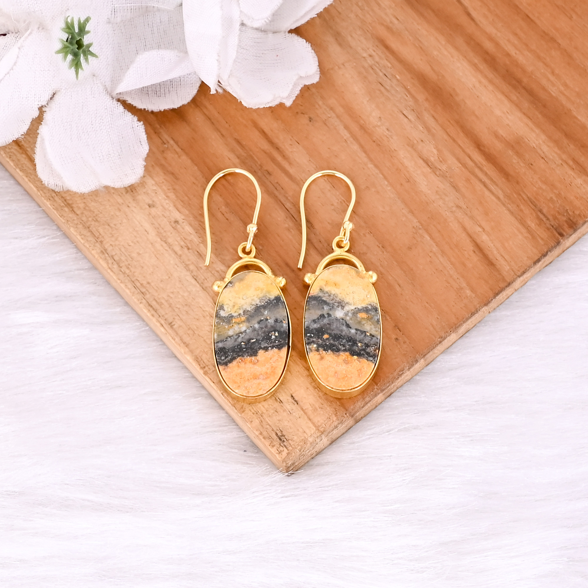 Bumble Bee Jasper Oval Gemstone Yellow Gold Plated Brass Dangle Earring Handmade Jewelry