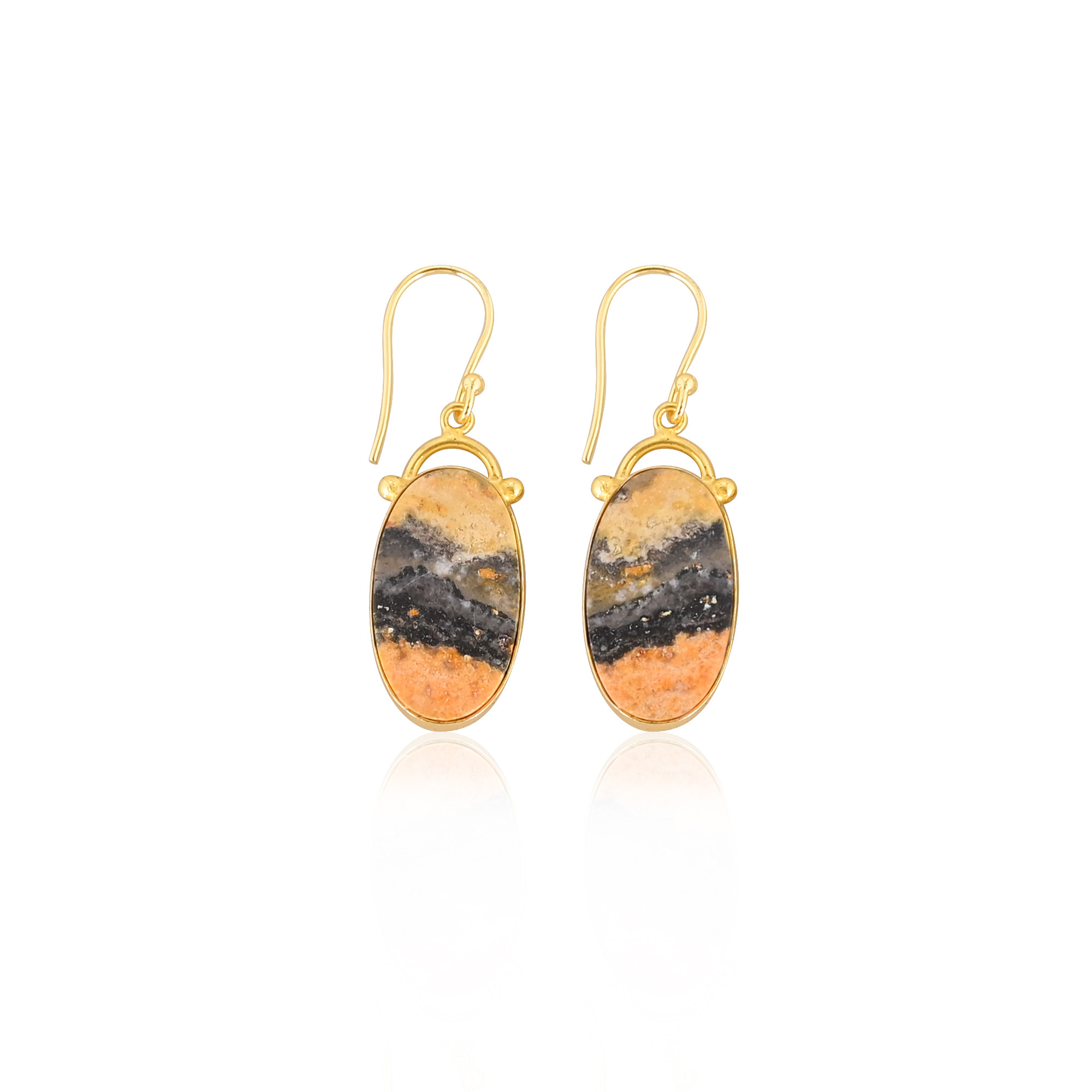 Bumble Bee Jasper Oval Gemstone Yellow Gold Plated Brass Dangle Earring Handmade Jewelry