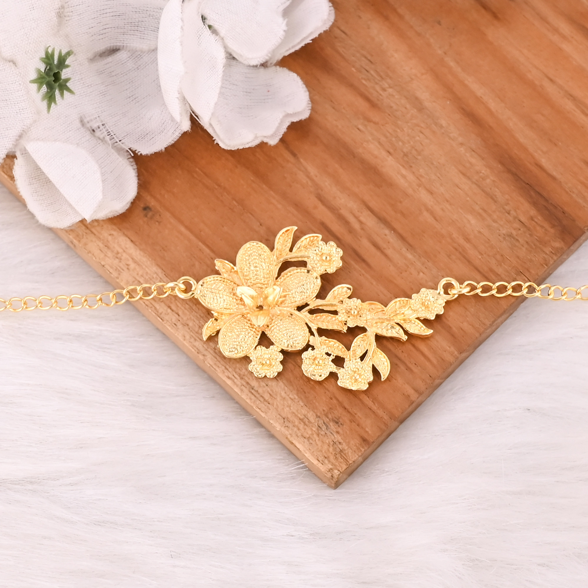 Handmade Yellow Gold-Plated Brass Boho Chic Dainty Floral Designer Unique Gift Bracelet Charm Jewelry