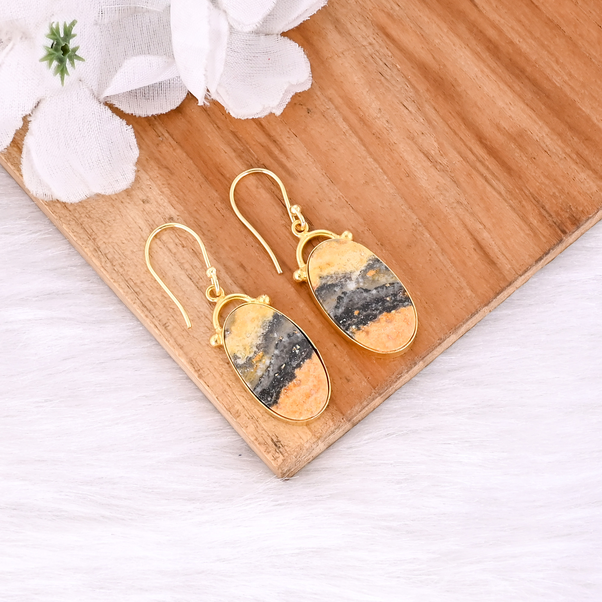 Bumble Bee Jasper Oval Gemstone Yellow Gold Plated Brass Dangle Earring Handmade Jewelry