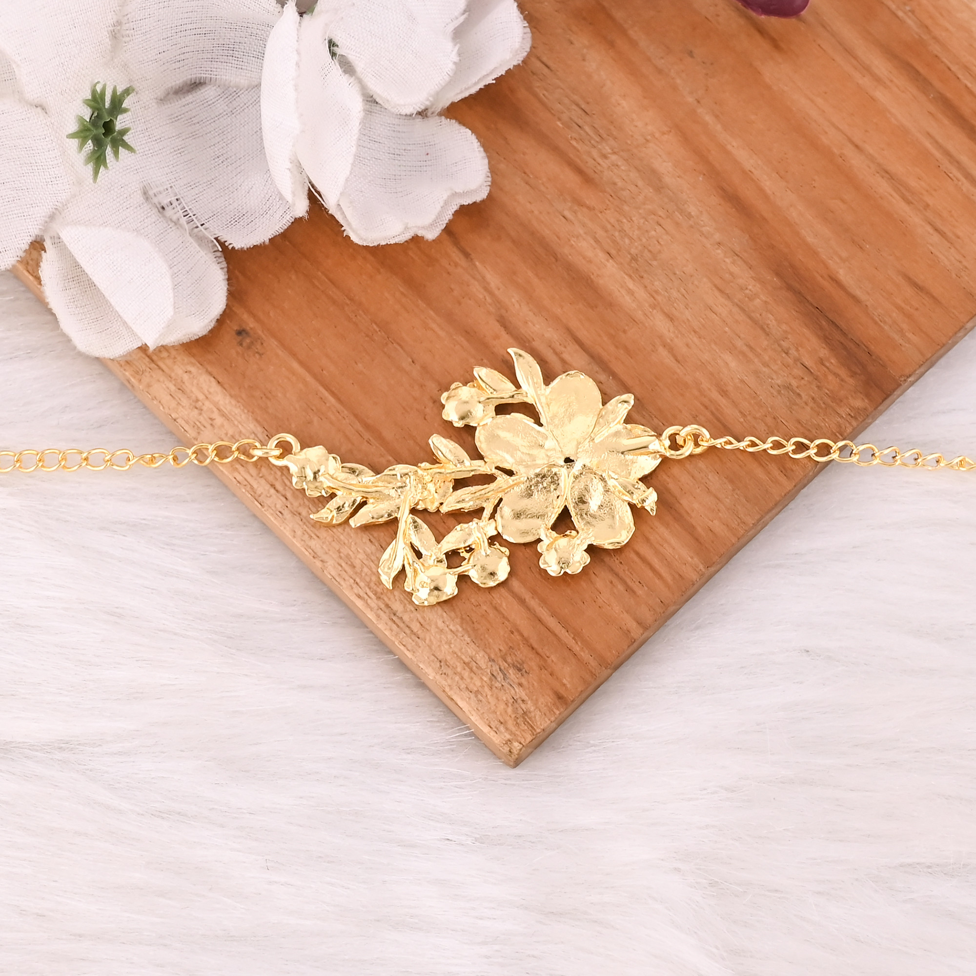 Handmade Yellow Gold-Plated Brass Boho Chic Dainty Floral Designer Unique Gift Bracelet Charm Jewelry
