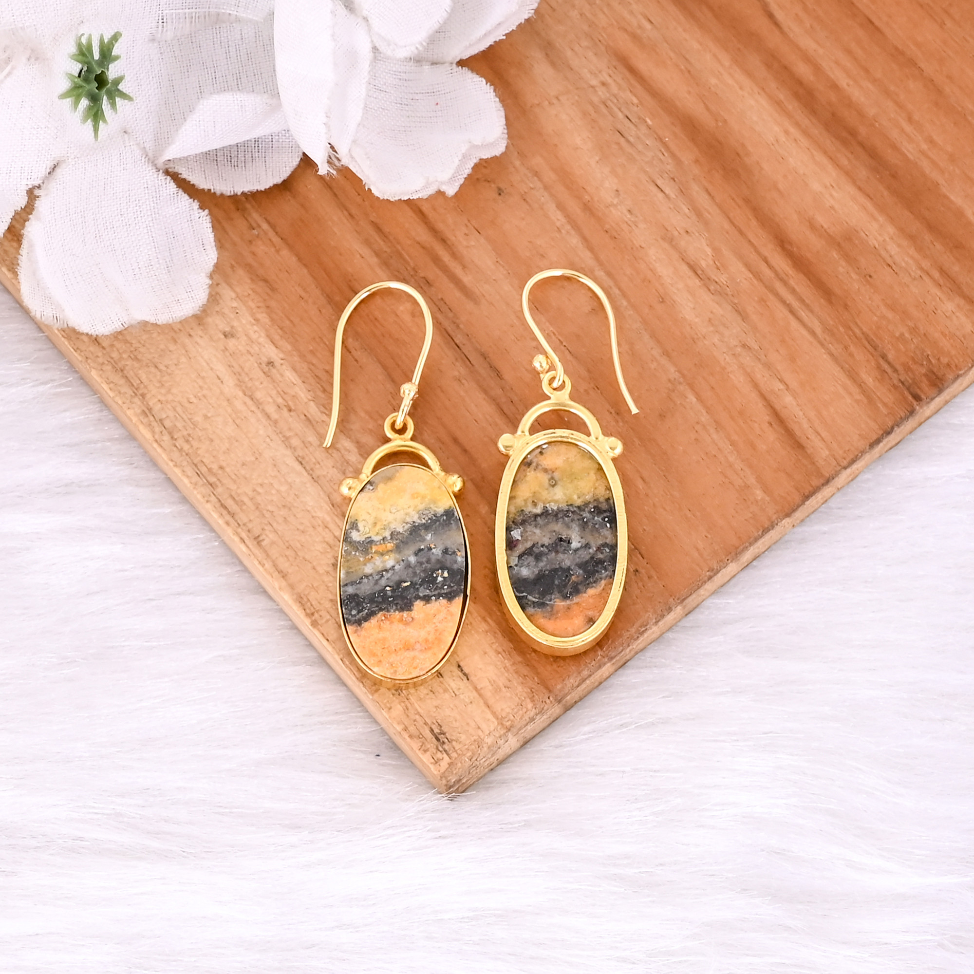 Bumble Bee Jasper Oval Gemstone Yellow Gold Plated Brass Dangle Earring Handmade Jewelry