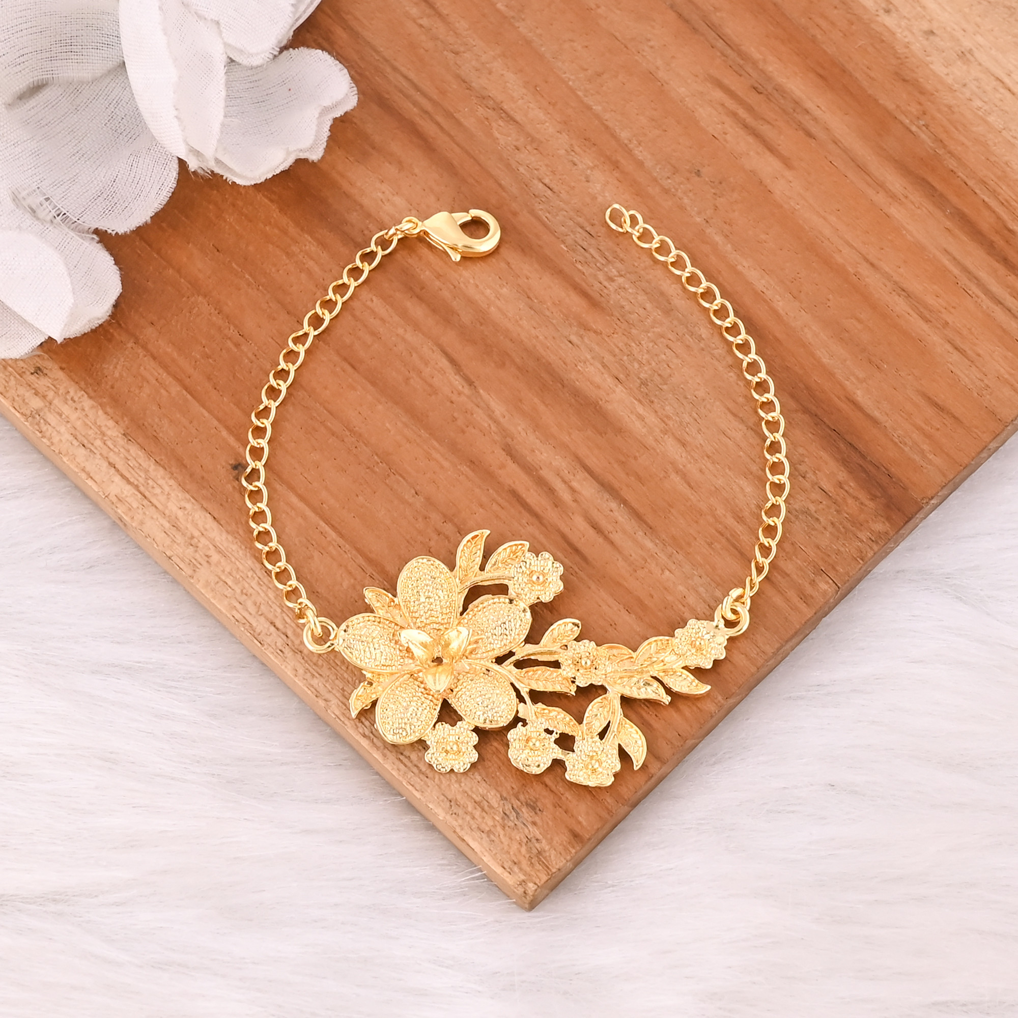 Handmade Yellow Gold-Plated Brass Boho Chic Dainty Floral Designer Unique Gift Bracelet Charm Jewelry