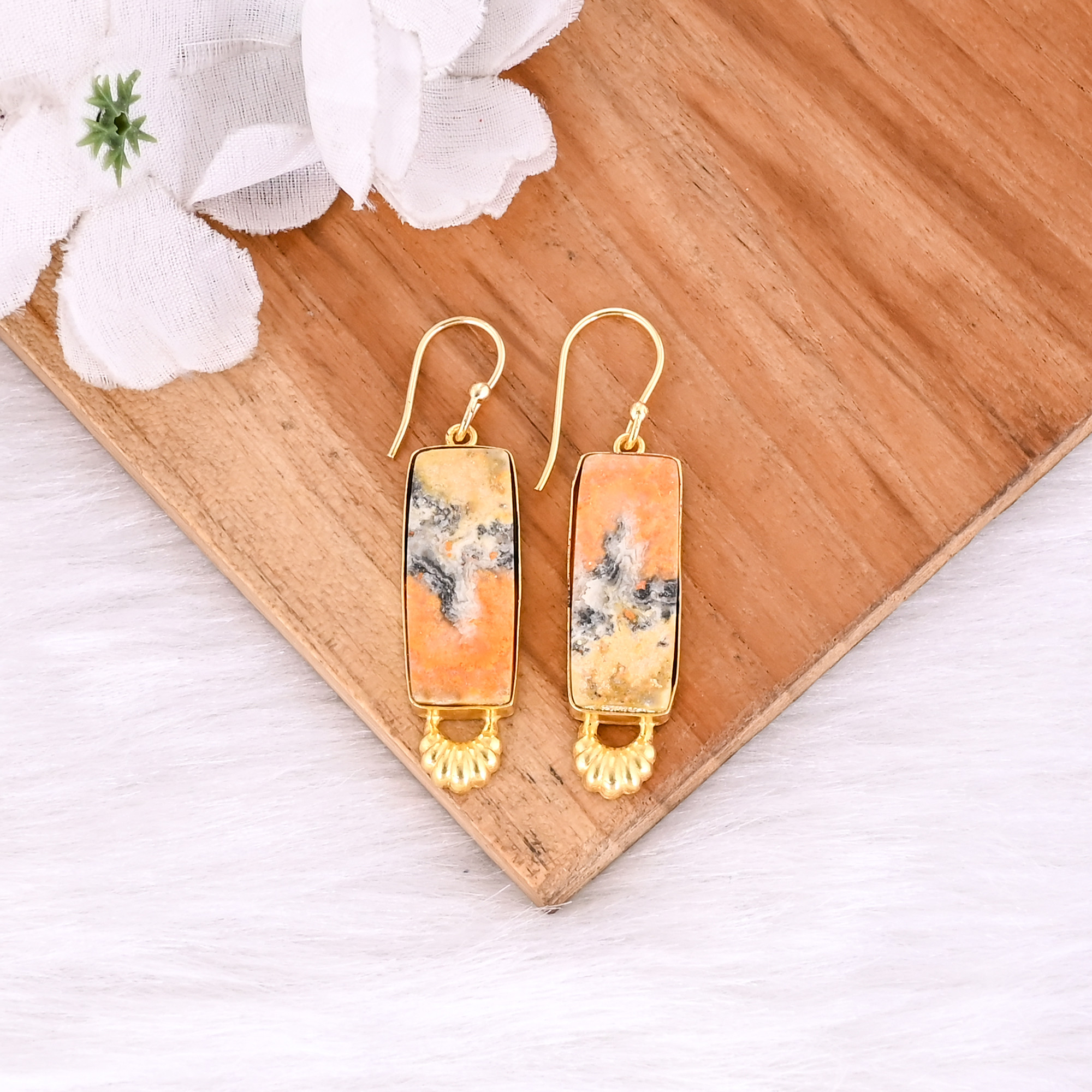 Bumble Bee Jasper Rectangle Gemstone Yellow Gold Plated Brass Dangle Earring