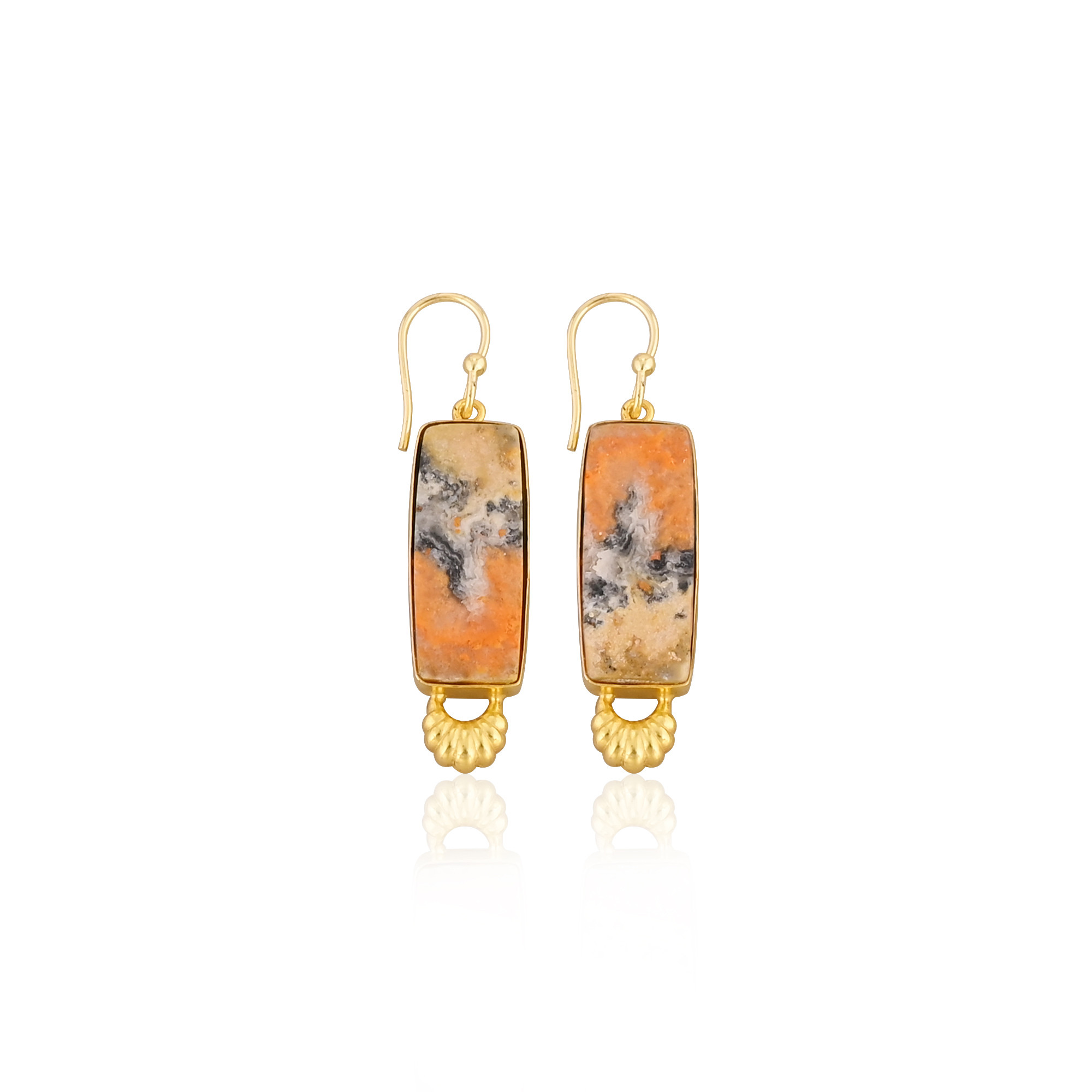 Bumble Bee Jasper Rectangle Gemstone Yellow Gold Plated Brass Dangle Earring