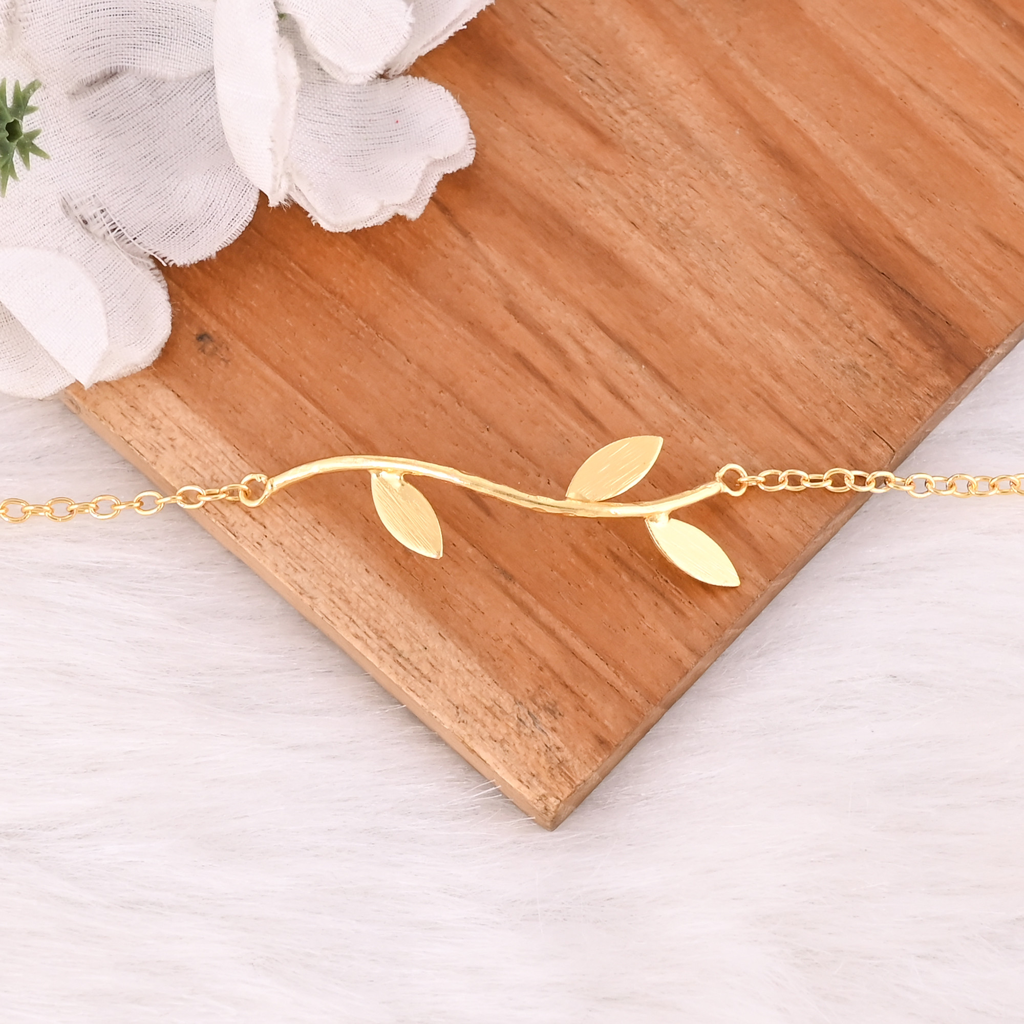 Handmade Yellow Gold-Plated Brass Boho Chic Dainty Leaf Unique Gift Bracelet Charm Jewelry