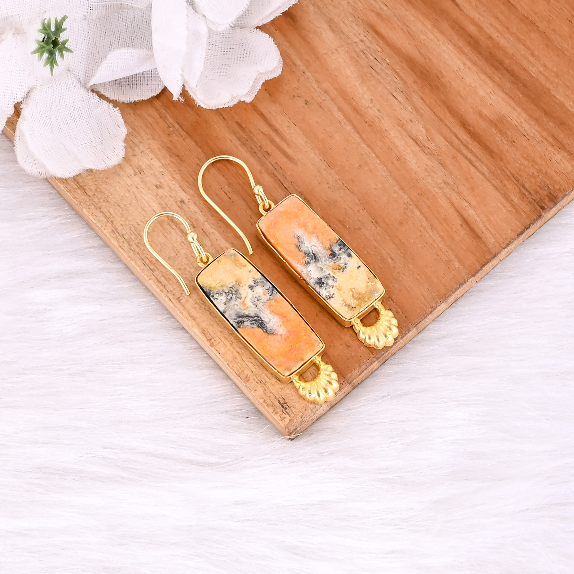 Bumble Bee Jasper Rectangle Gemstone Yellow Gold Plated Brass Dangle Earring