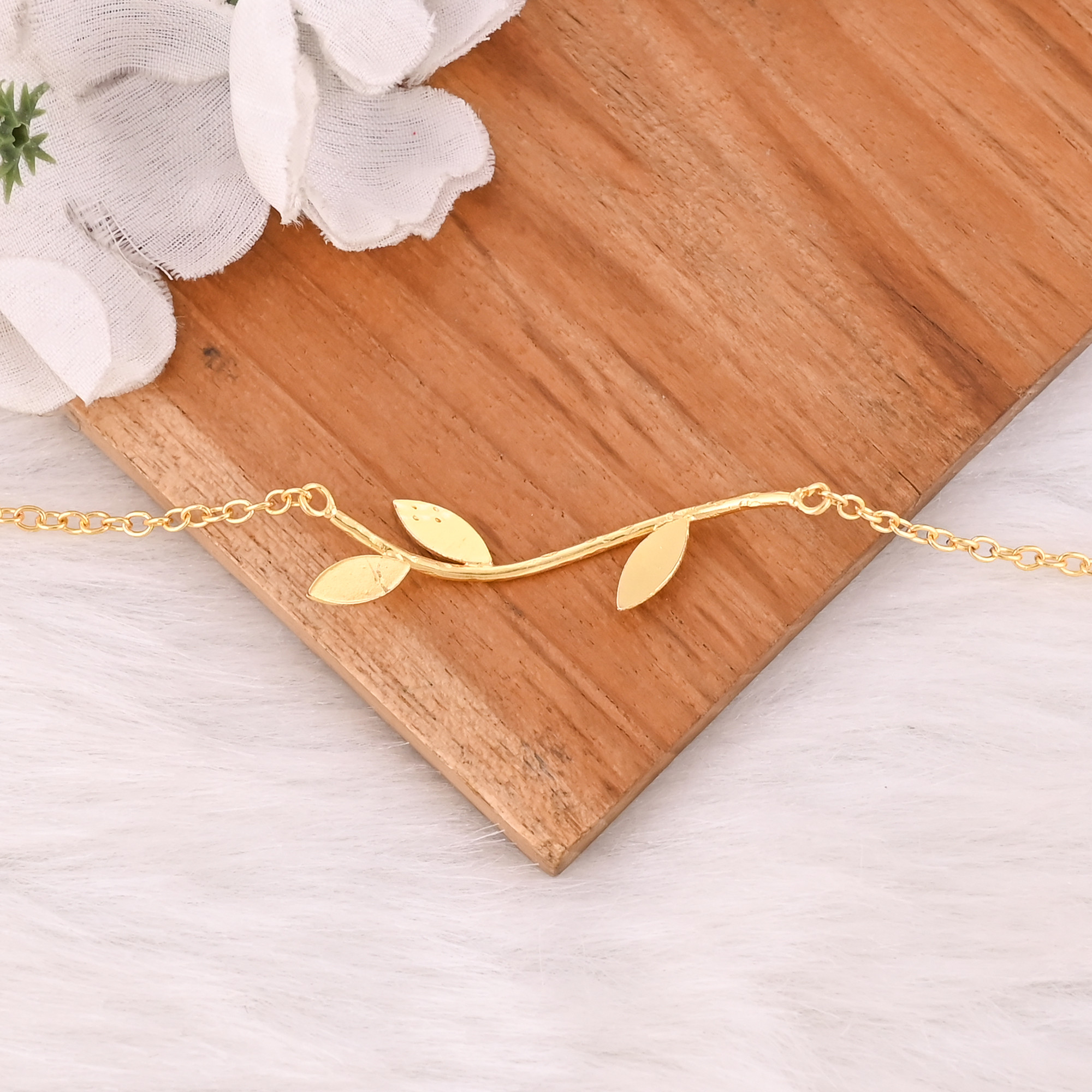 Handmade Yellow Gold-Plated Brass Boho Chic Dainty Leaf Unique Gift Bracelet Charm Jewelry