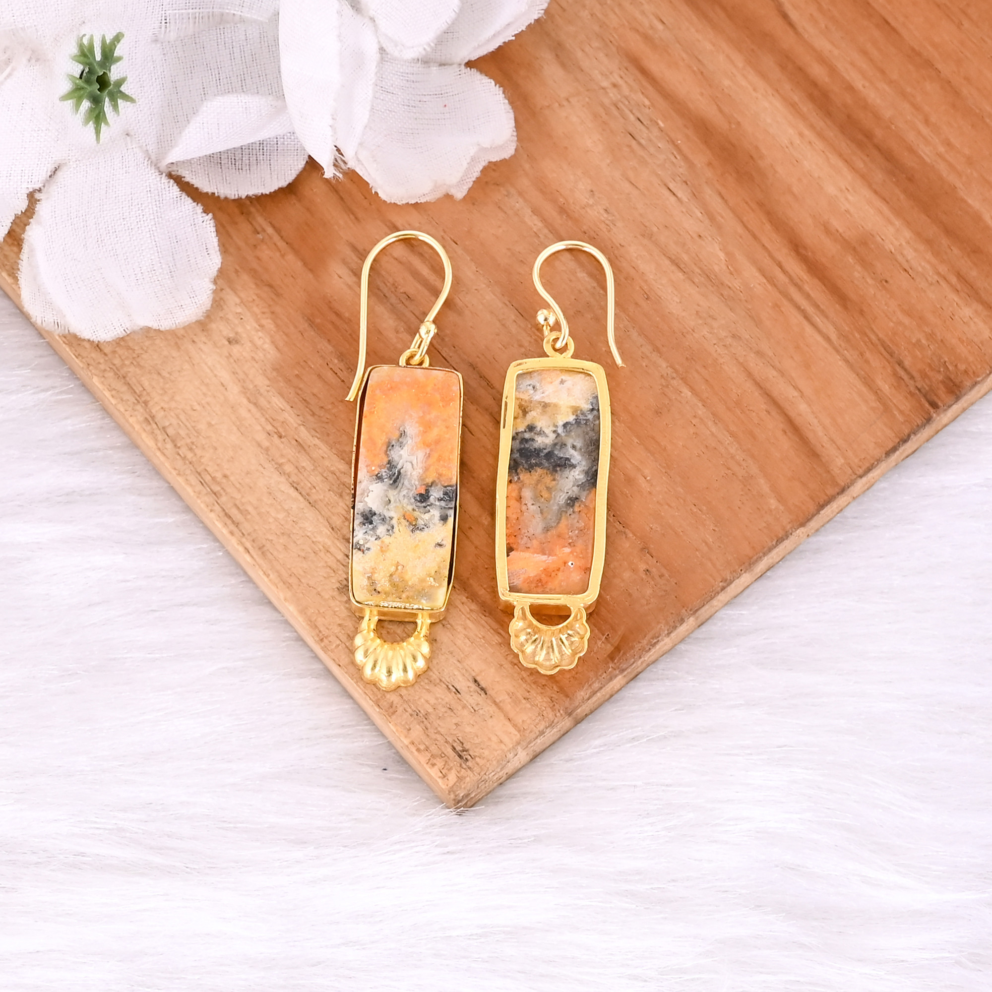 Bumble Bee Jasper Rectangle Gemstone Yellow Gold Plated Brass Dangle Earring