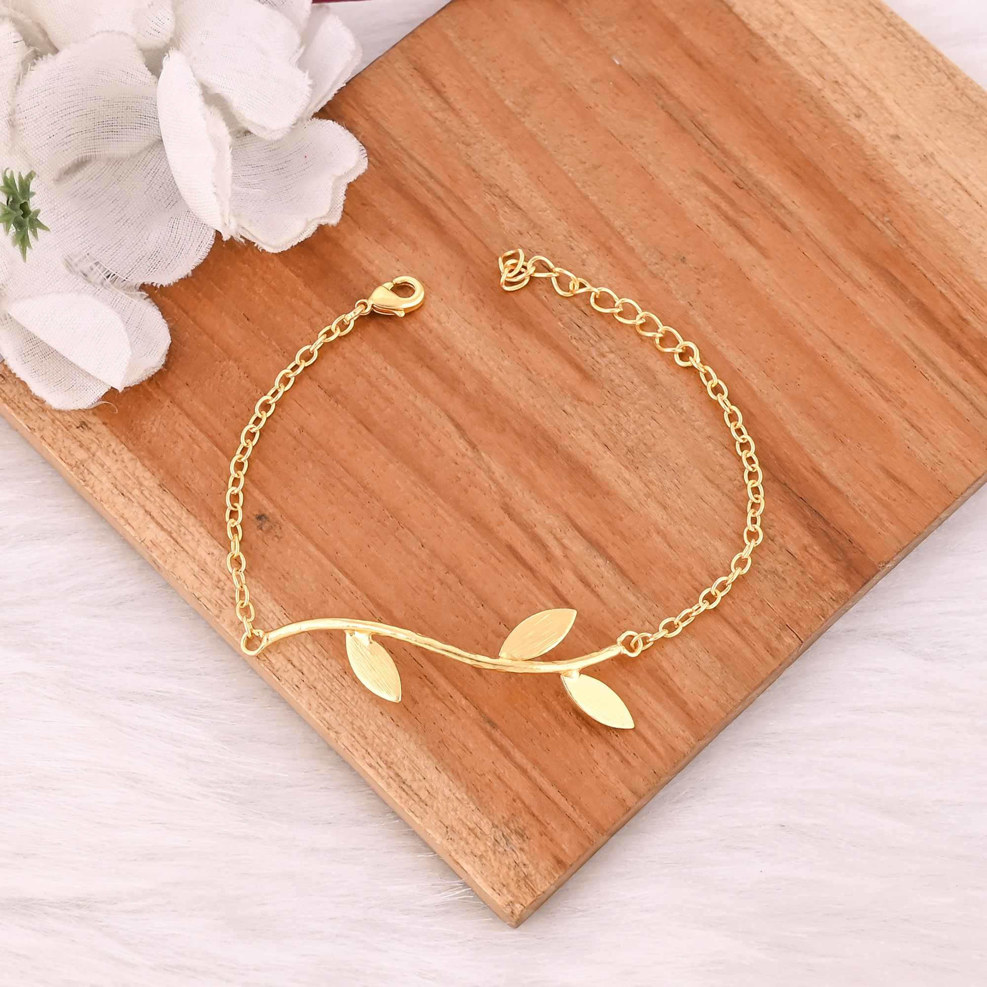 Handmade Yellow Gold-Plated Brass Boho Chic Dainty Leaf Unique Gift Bracelet Charm Jewelry