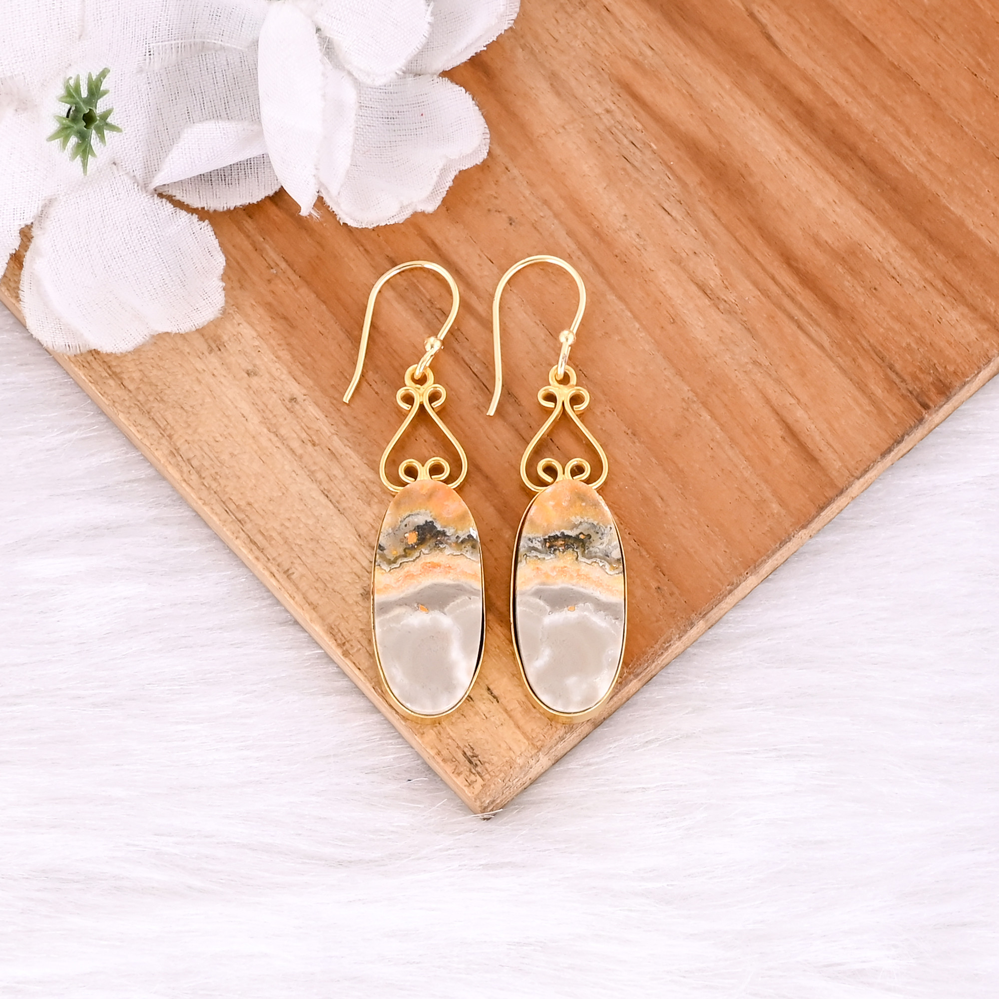 Bumble Bee Jasper Long Oval Gemstone Yellow Gold Plated Brass Dangle Earring Handcrafted Jewelry