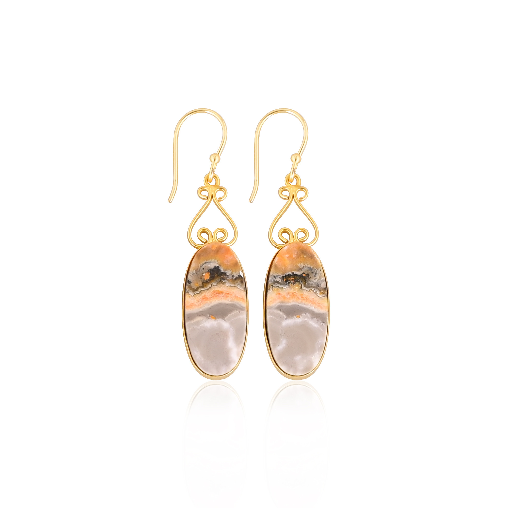 Bumble Bee Jasper Long Oval Gemstone Yellow Gold Plated Brass Dangle Earring Handcrafted Jewelry