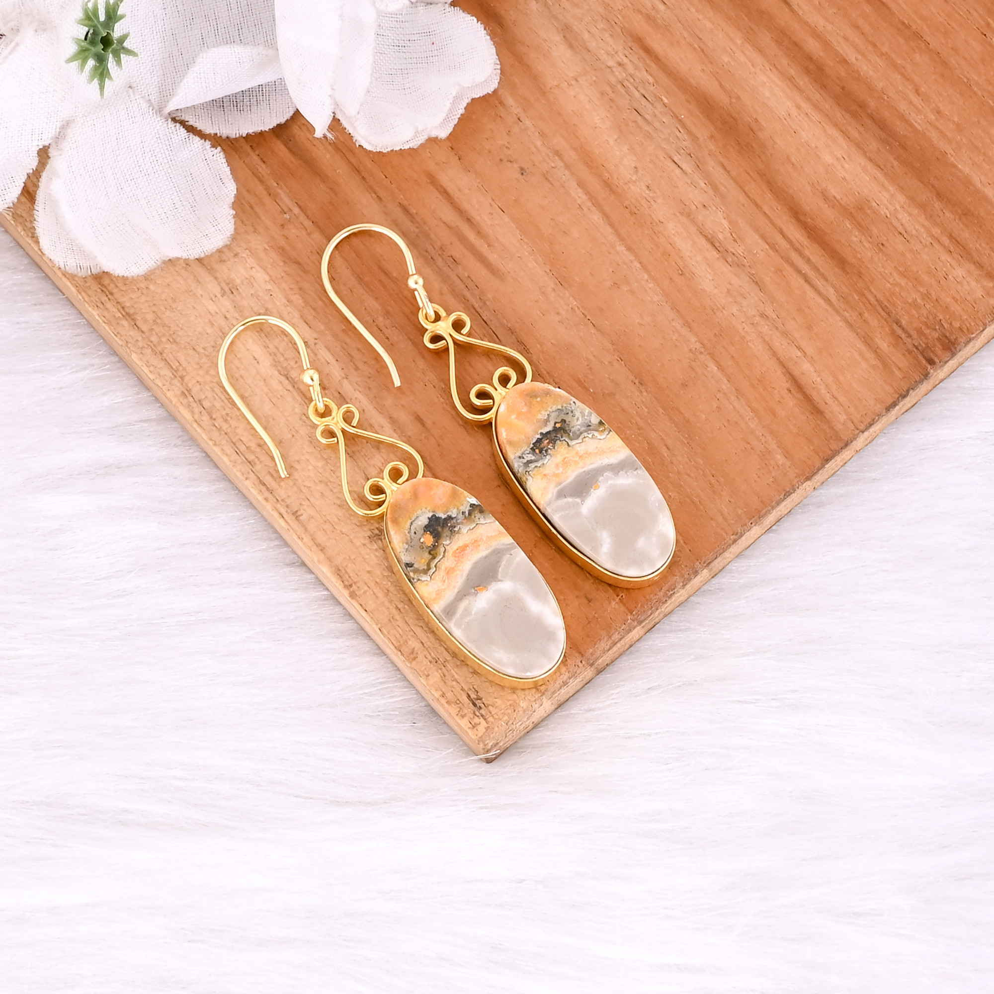 Bumble Bee Jasper Long Oval Gemstone Yellow Gold Plated Brass Dangle Earring Handcrafted Jewelry
