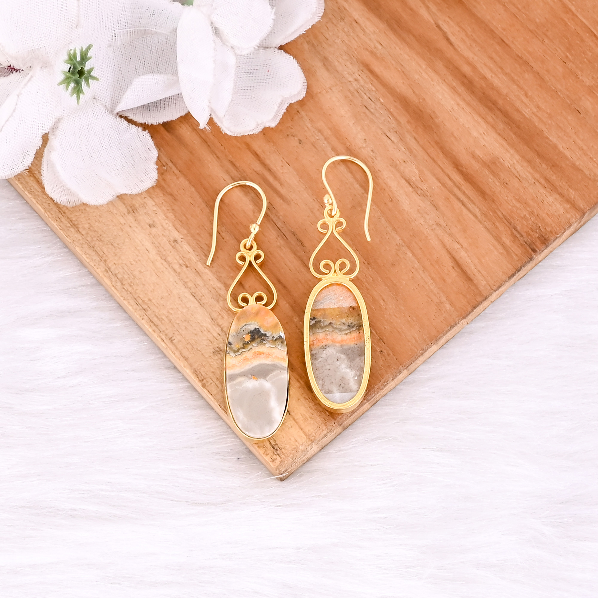Bumble Bee Jasper Long Oval Gemstone Yellow Gold Plated Brass Dangle Earring Handcrafted Jewelry
