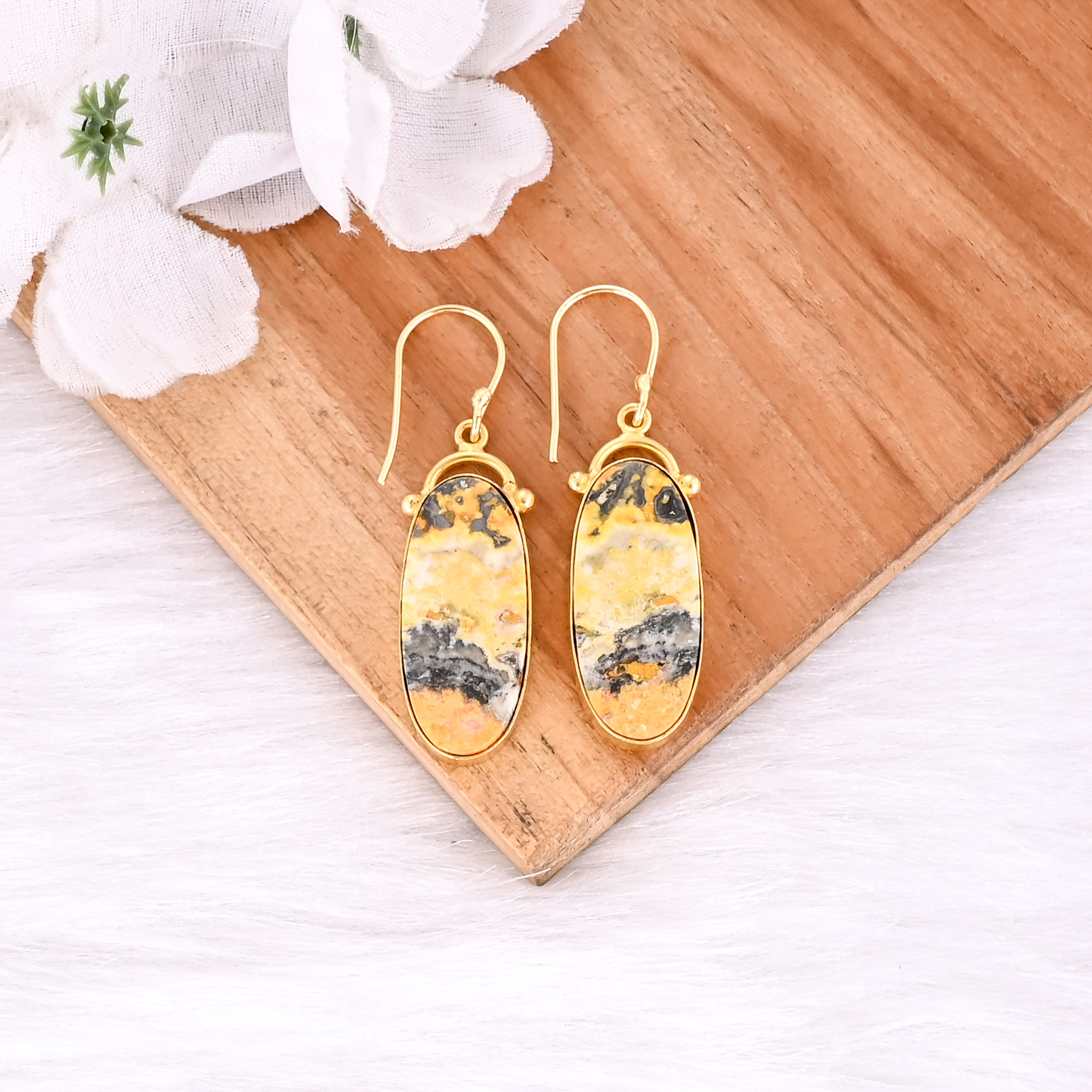 Bumble Bee Jasper Oval Shape Gemstone Yellow Gold Plated Brass Earring Bezel Earrings