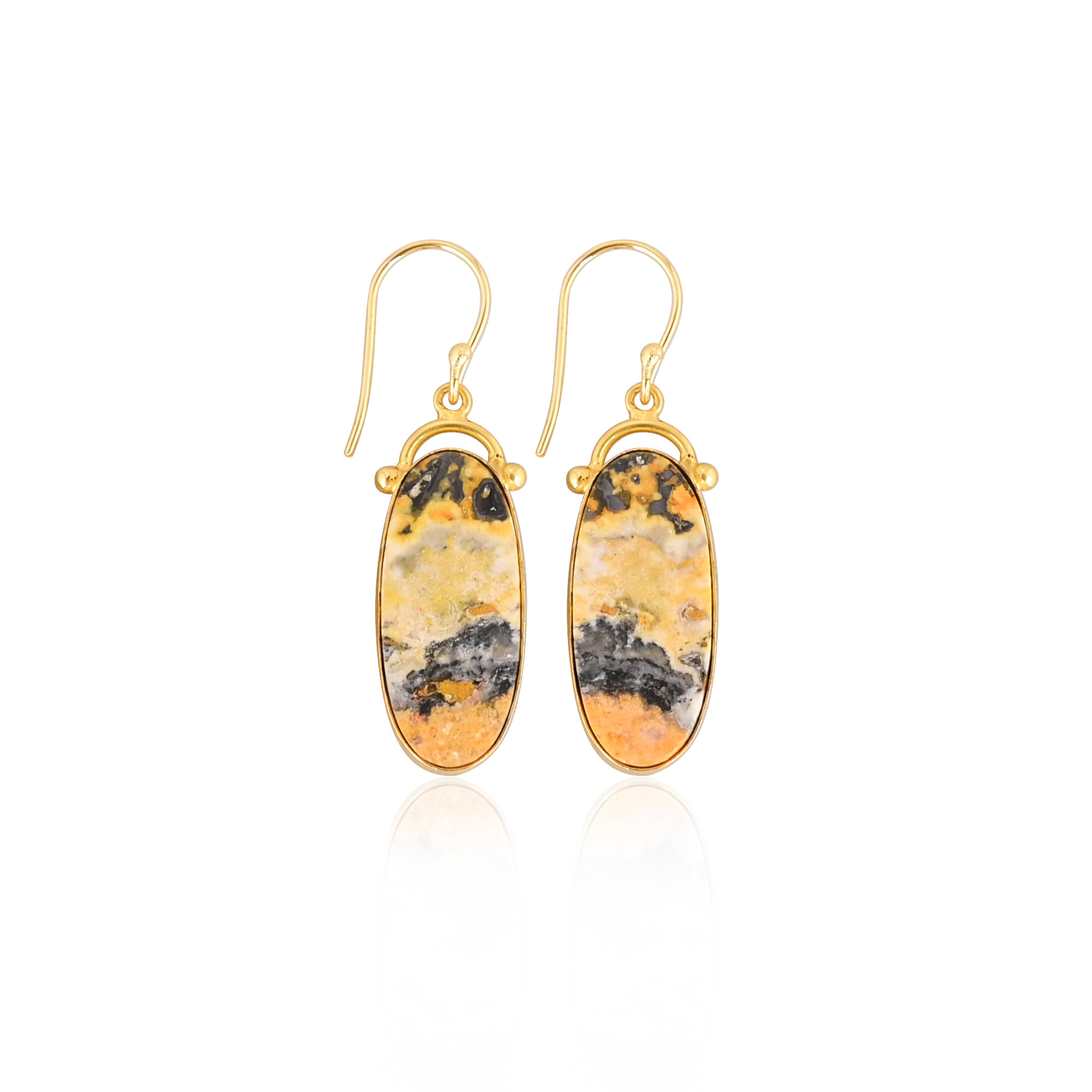 Bumble Bee Jasper Oval Shape Gemstone Yellow Gold Plated Brass Earring Bezel Earrings