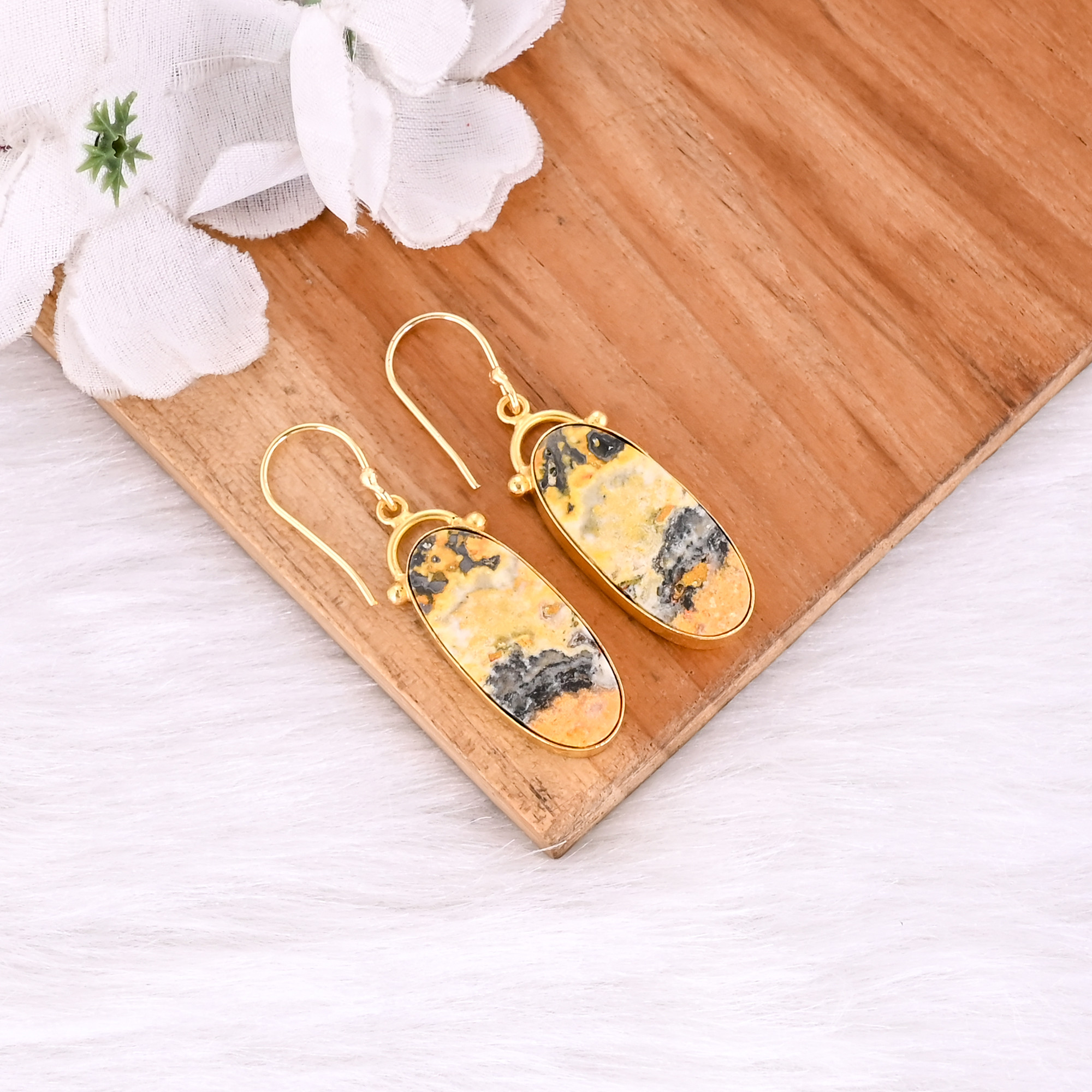 Bumble Bee Jasper Oval Shape Gemstone Yellow Gold Plated Brass Earring Bezel Earrings
