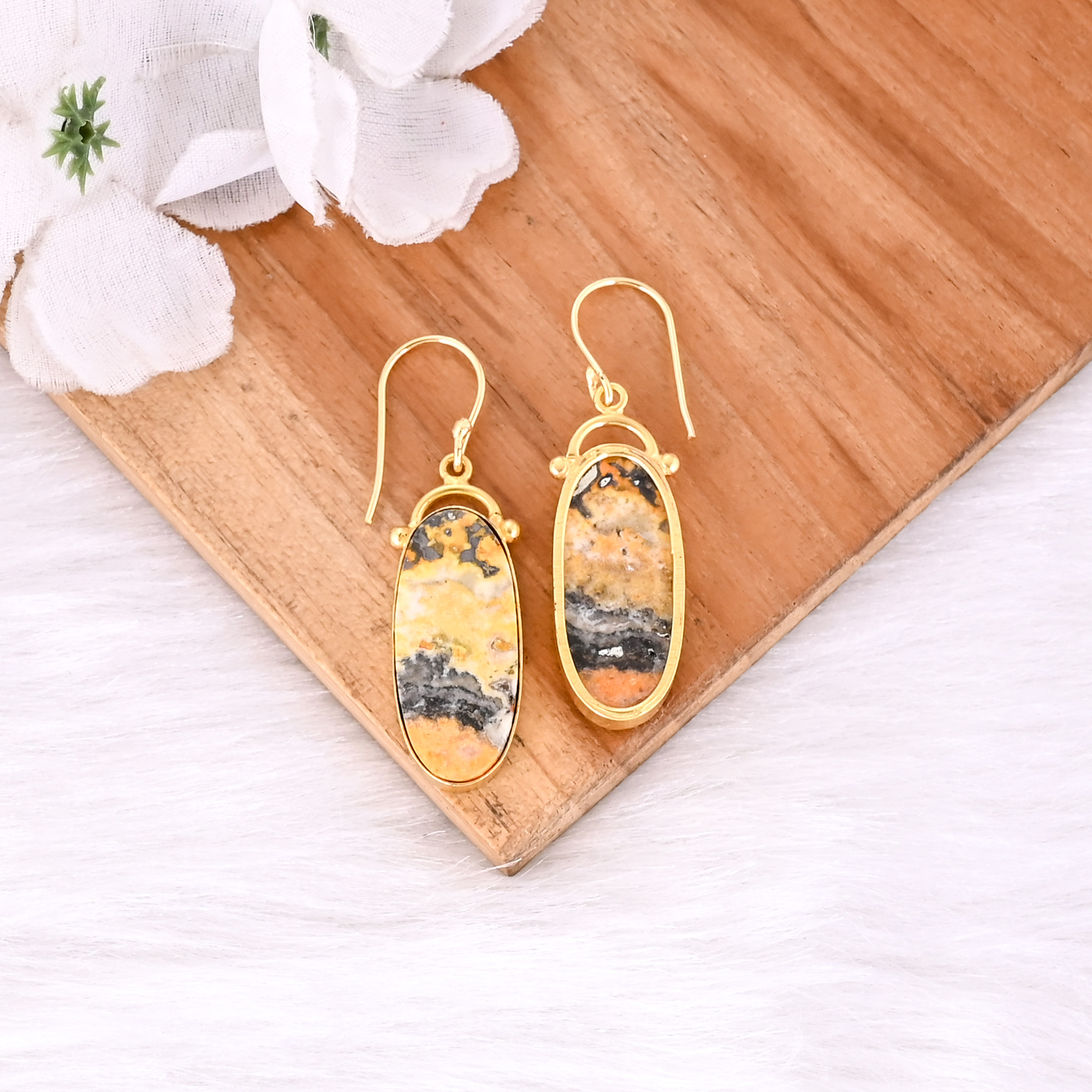 Bumble Bee Jasper Oval Shape Gemstone Yellow Gold Plated Brass Earring Bezel Earrings