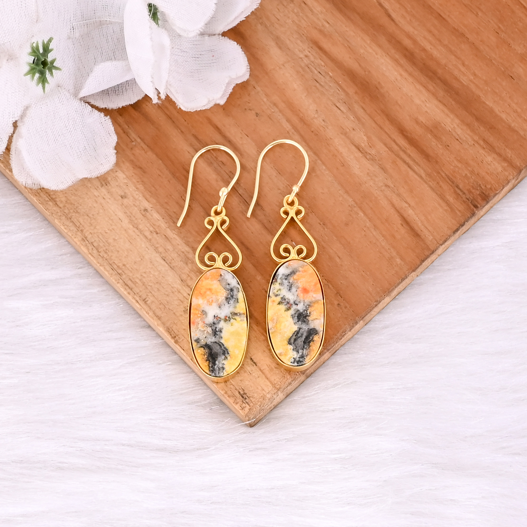 Bumble Bee Jasper Oval Shape Gemstone Yellow Gold Plated Brass Earring Jasper Earring