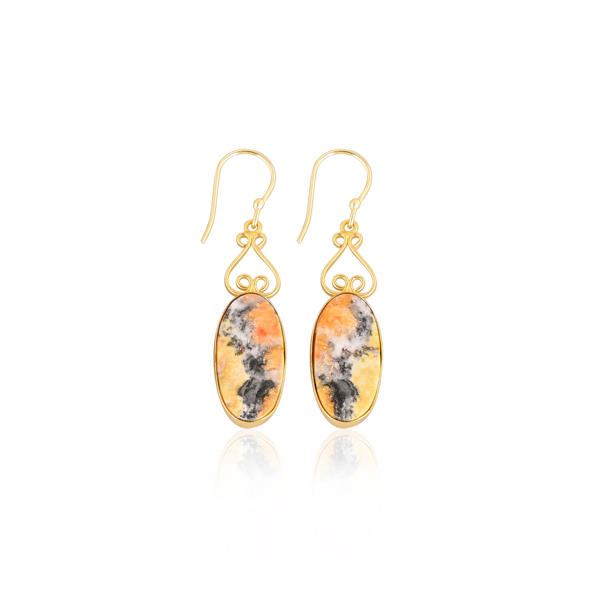 Bumble Bee Jasper Oval Shape Gemstone Yellow Gold Plated Brass Earring Jasper Earring
