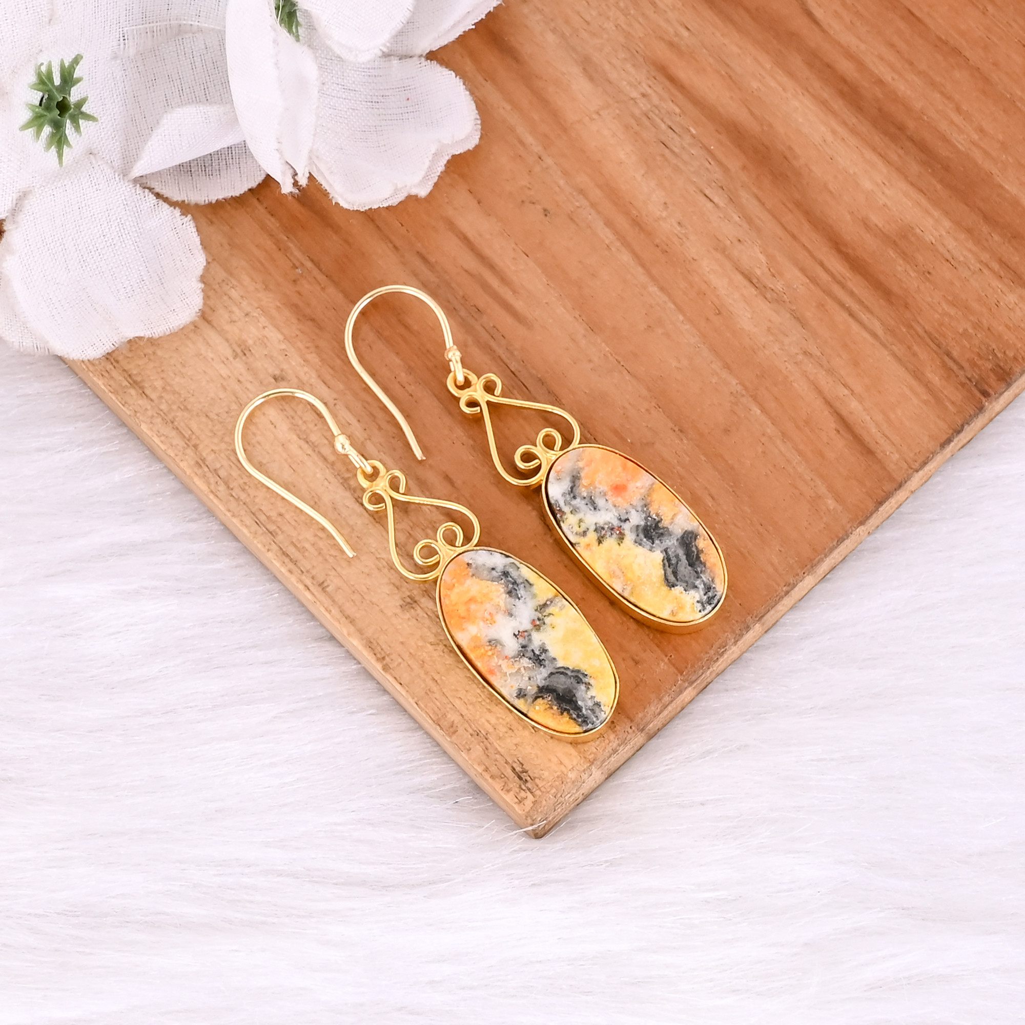 Bumble Bee Jasper Oval Shape Gemstone Yellow Gold Plated Brass Earring Jasper Earring