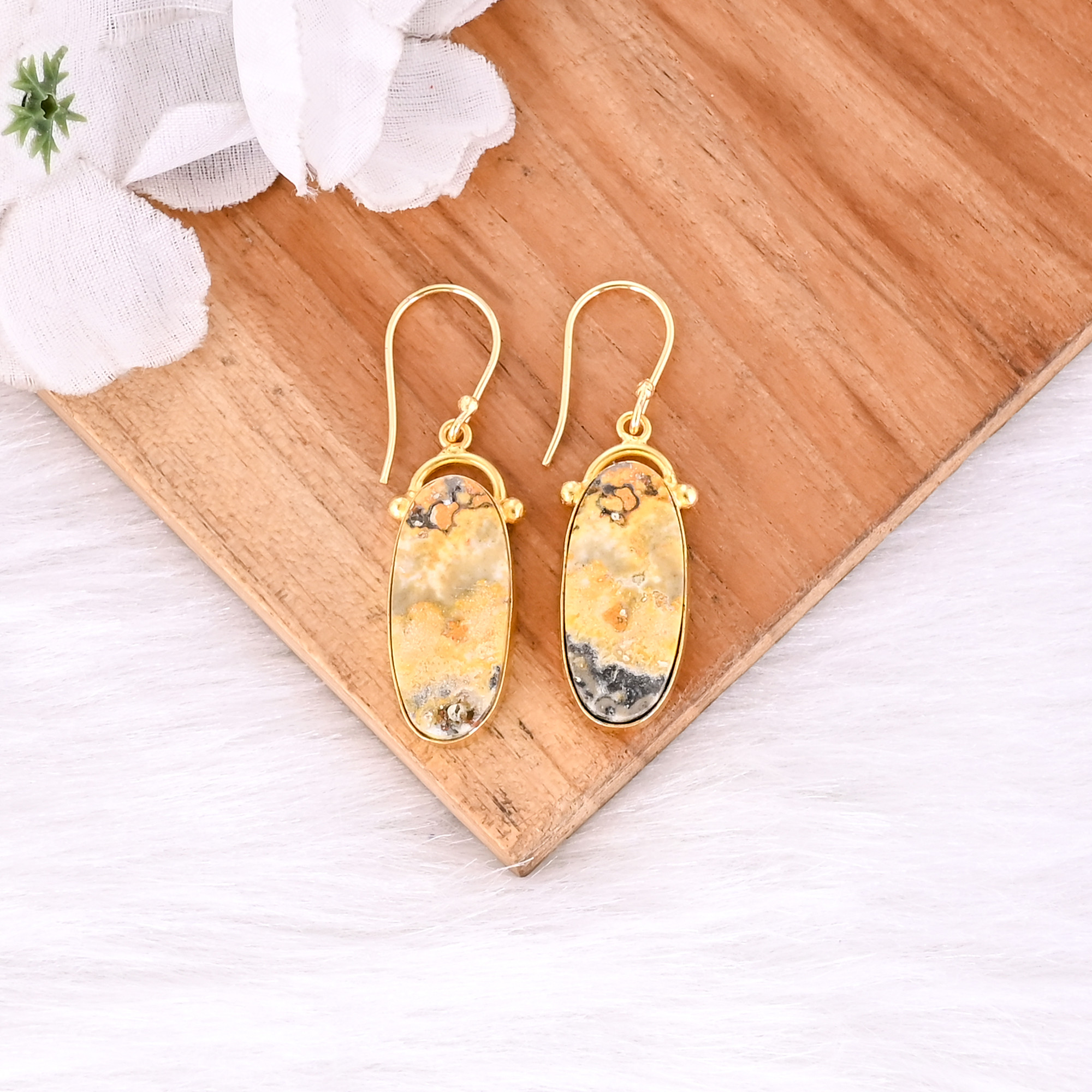 Bumble Bee Jasper Oval Shape Gemstone Yellow Gold Plated Brass Earring