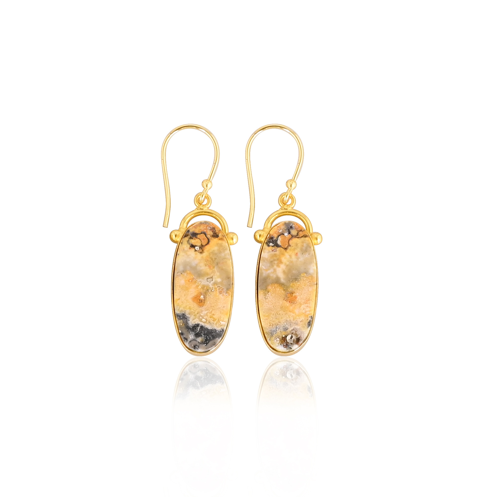 Bumble Bee Jasper Oval Shape Gemstone Yellow Gold Plated Brass Earring