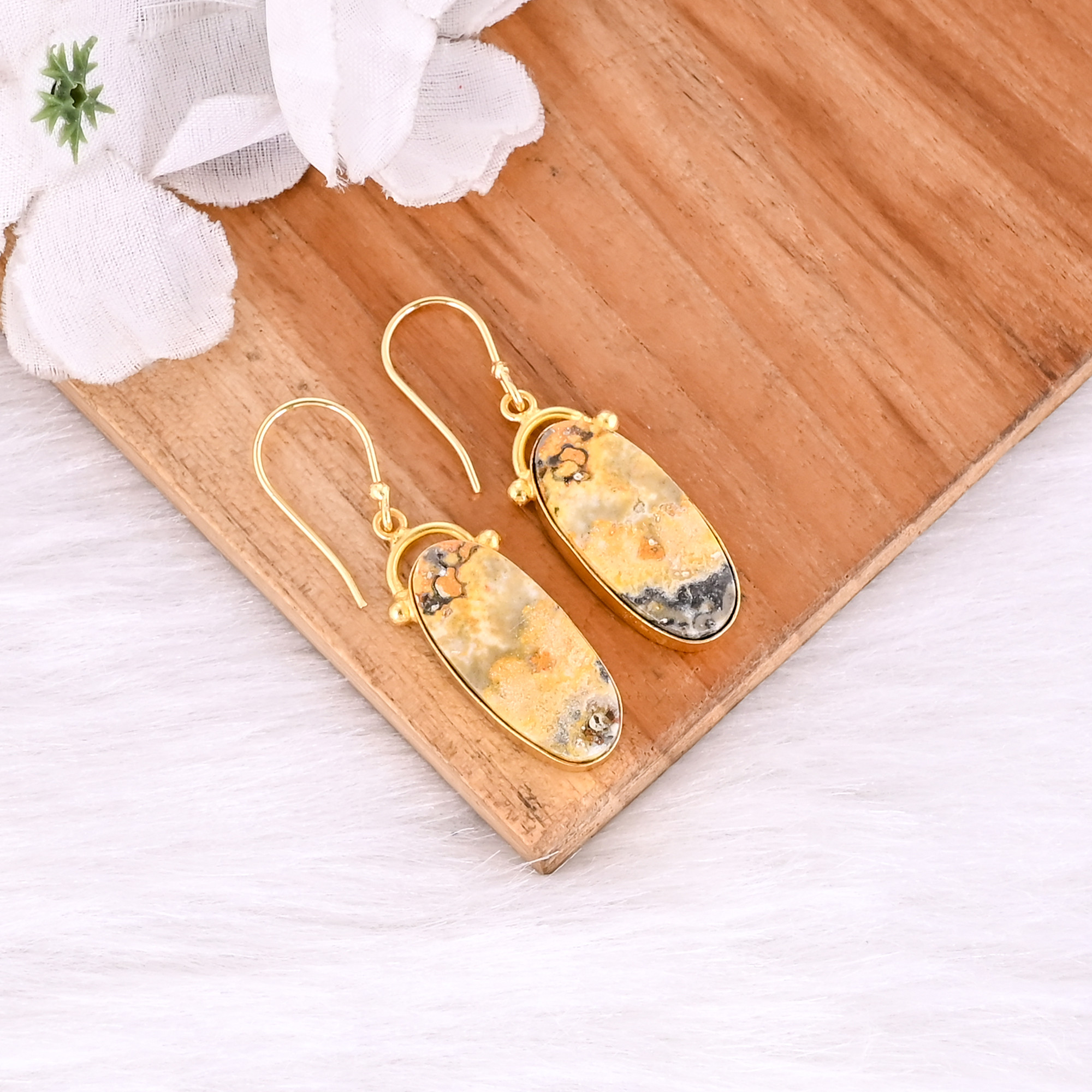Bumble Bee Jasper Oval Shape Gemstone Yellow Gold Plated Brass Earring