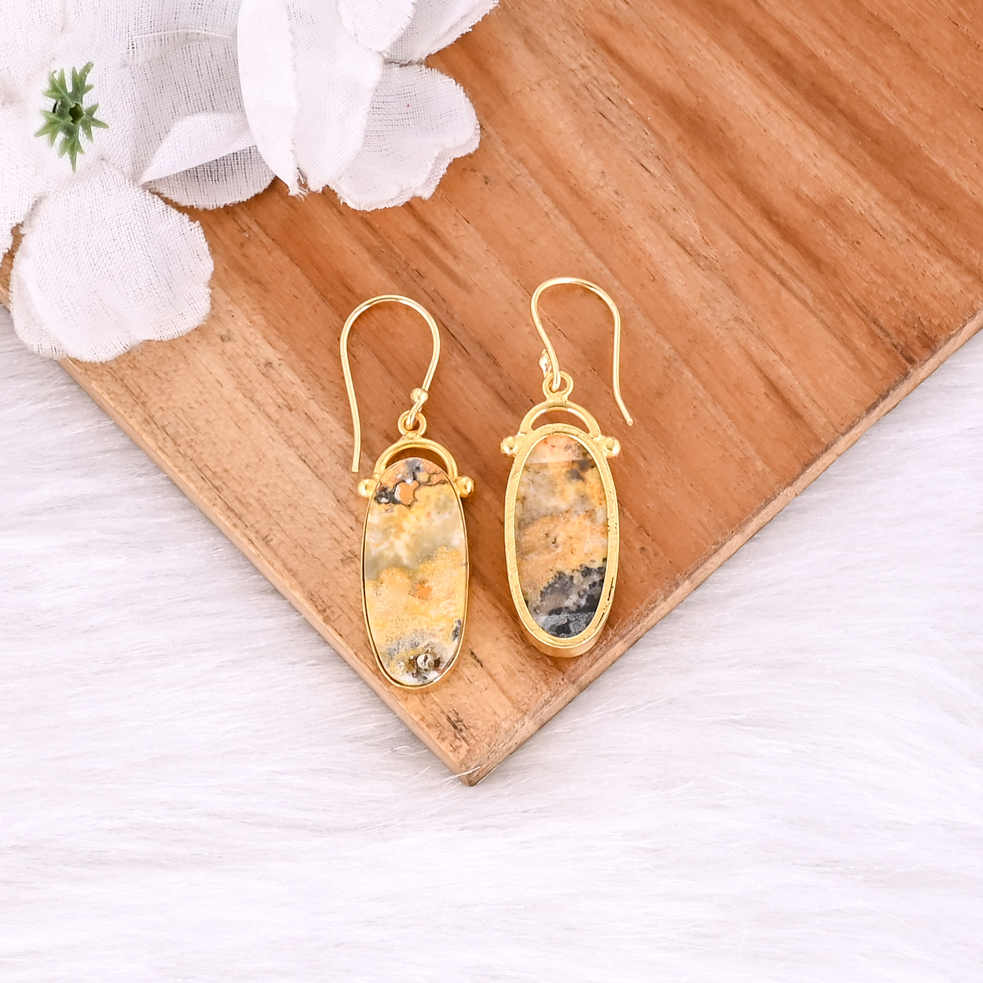 Bumble Bee Jasper Oval Shape Gemstone Yellow Gold Plated Brass Earring